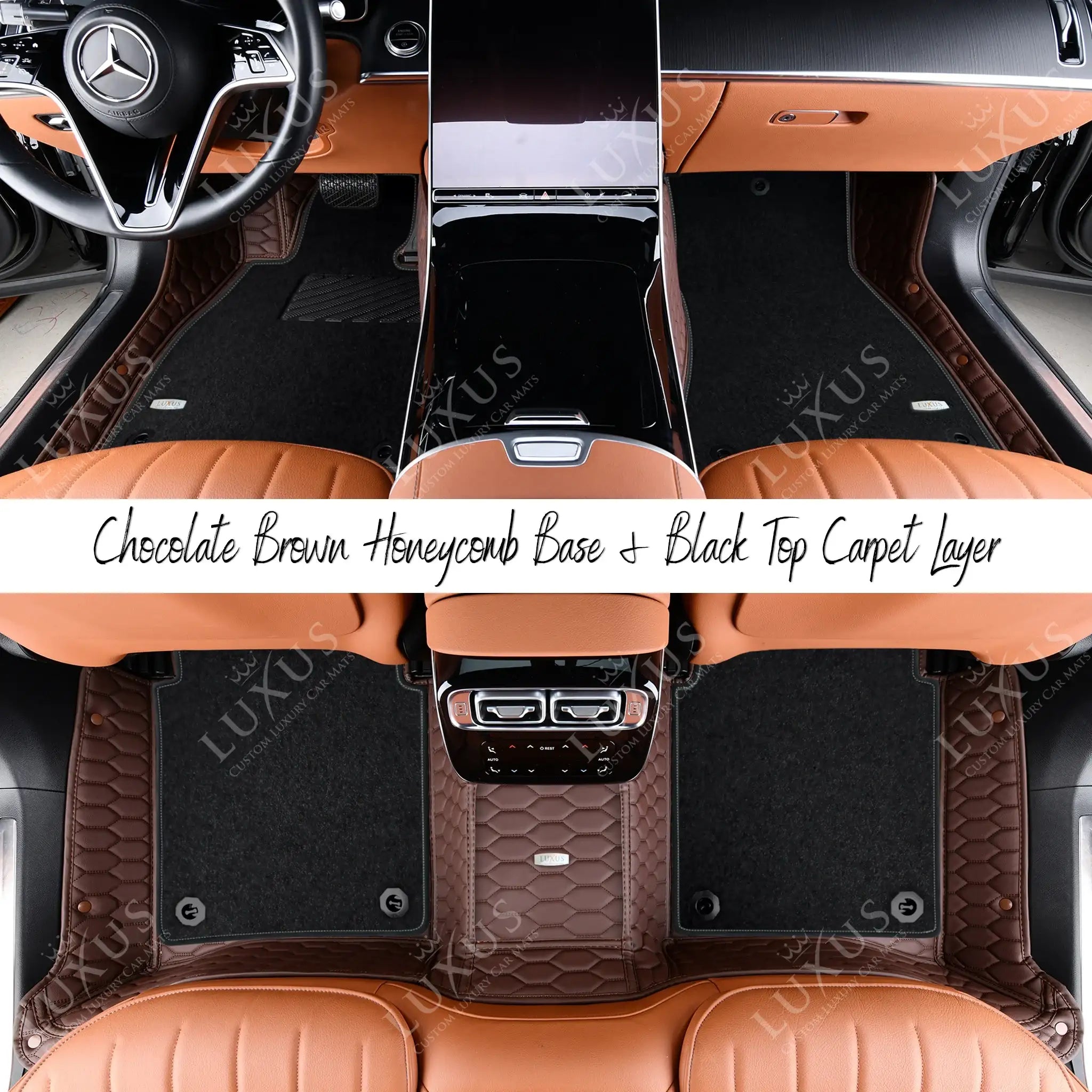 Chocolate Brown Honeycomb & Black Carpet | Double Layer Luxury Car Mats Set