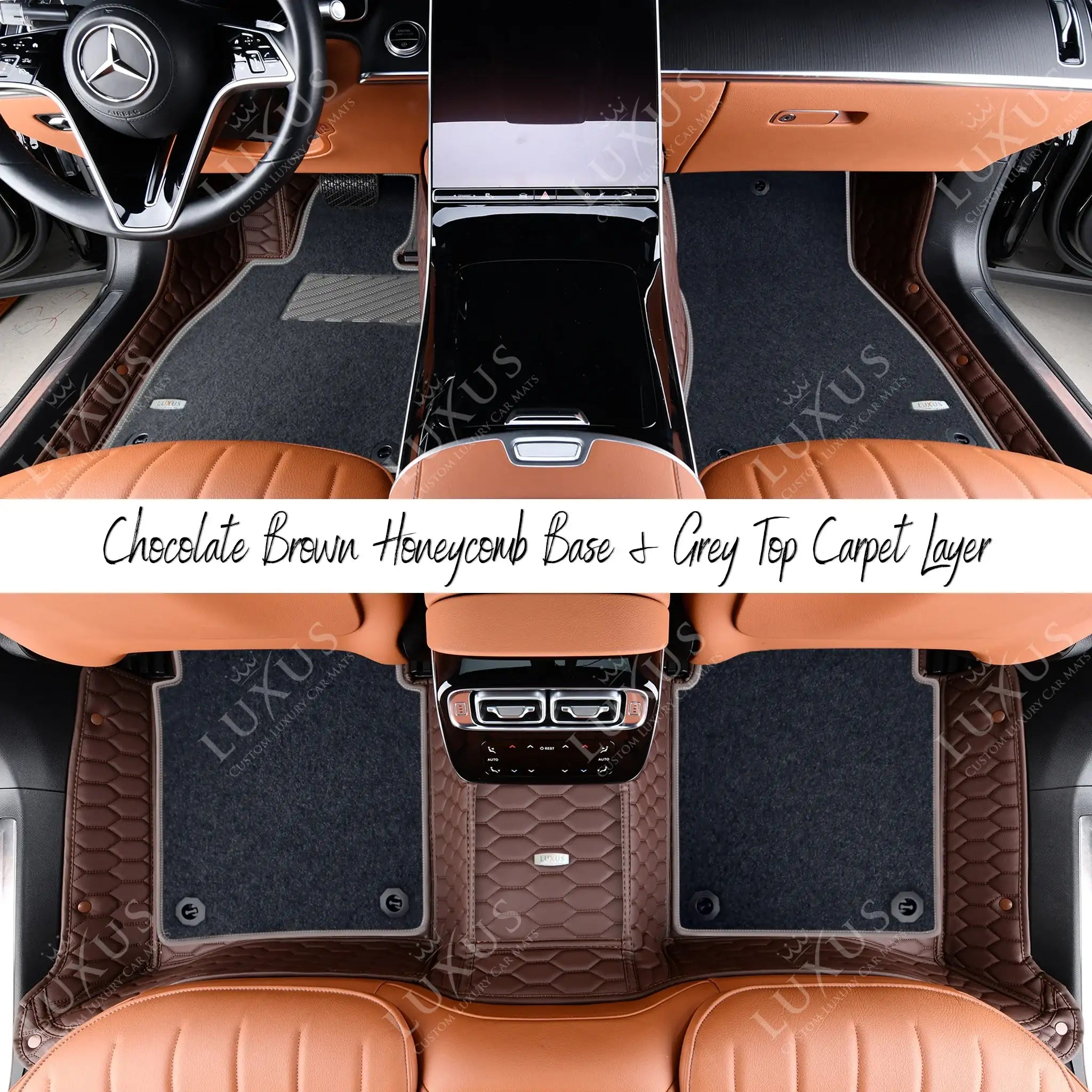 Chocolate Brown Honeycomb & Grey Carpet | Double Layer Luxury Car Mats Set
