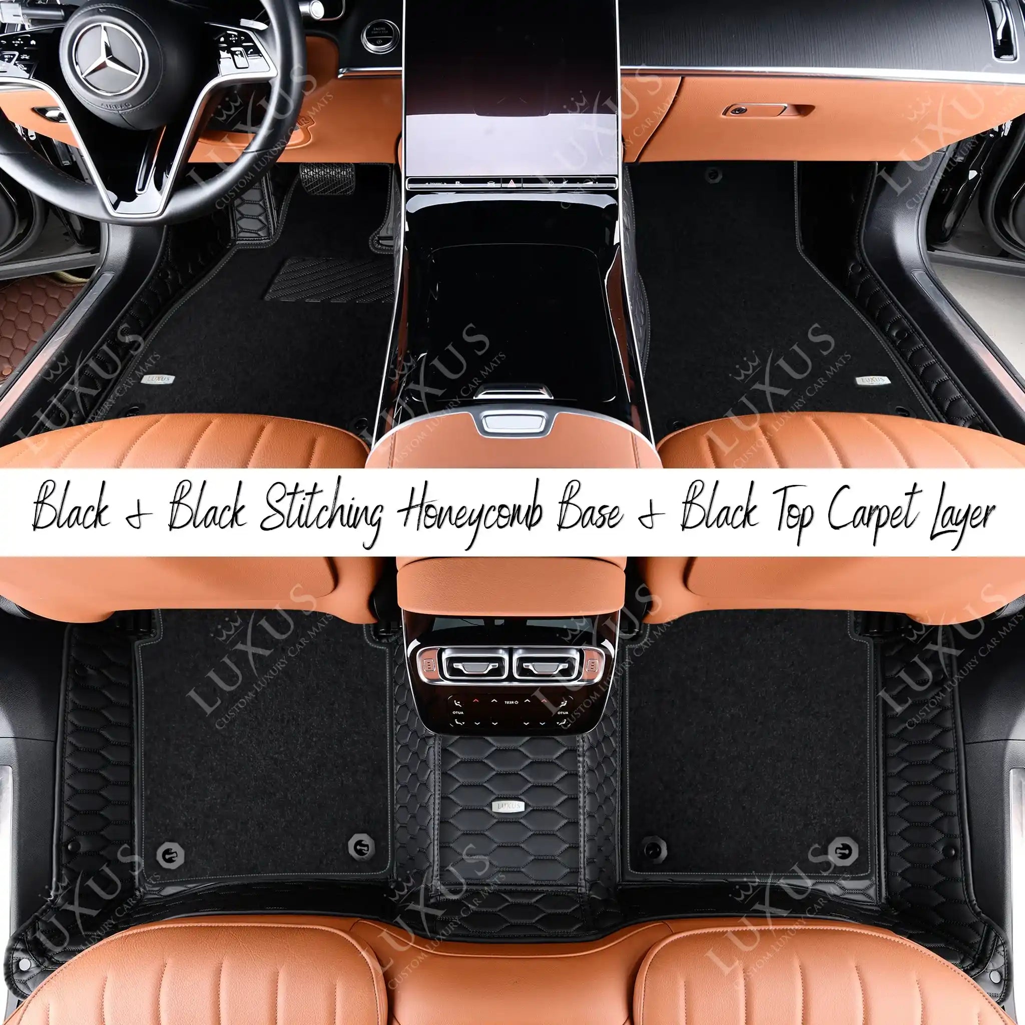 Black & Black Stitching Honeycomb & Black Carpet | Double Layer Luxury Car Mats Set