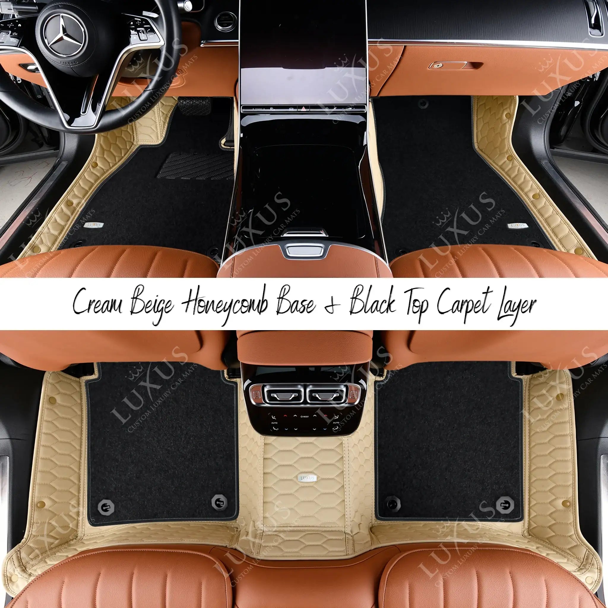 Cream Beige Honeycomb & Black Carpet | Double Layer Luxury Car Mats Set