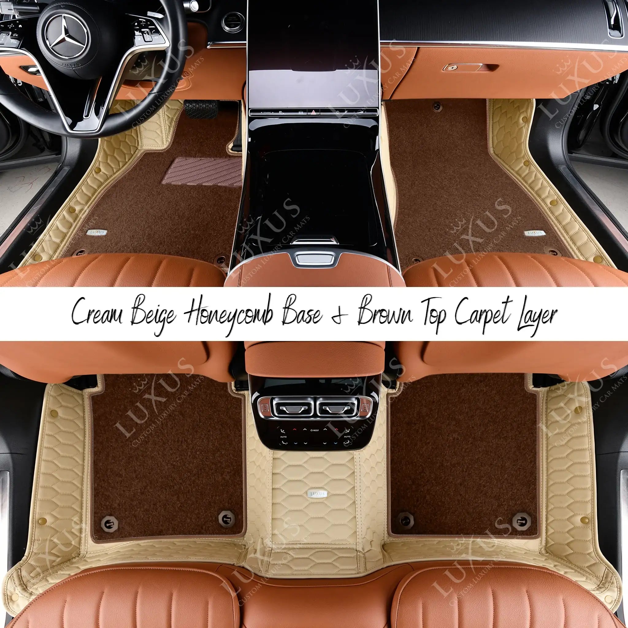 Cream Beige Honeycomb & Brown Carpet | Double Layer Luxury Car Mats Set