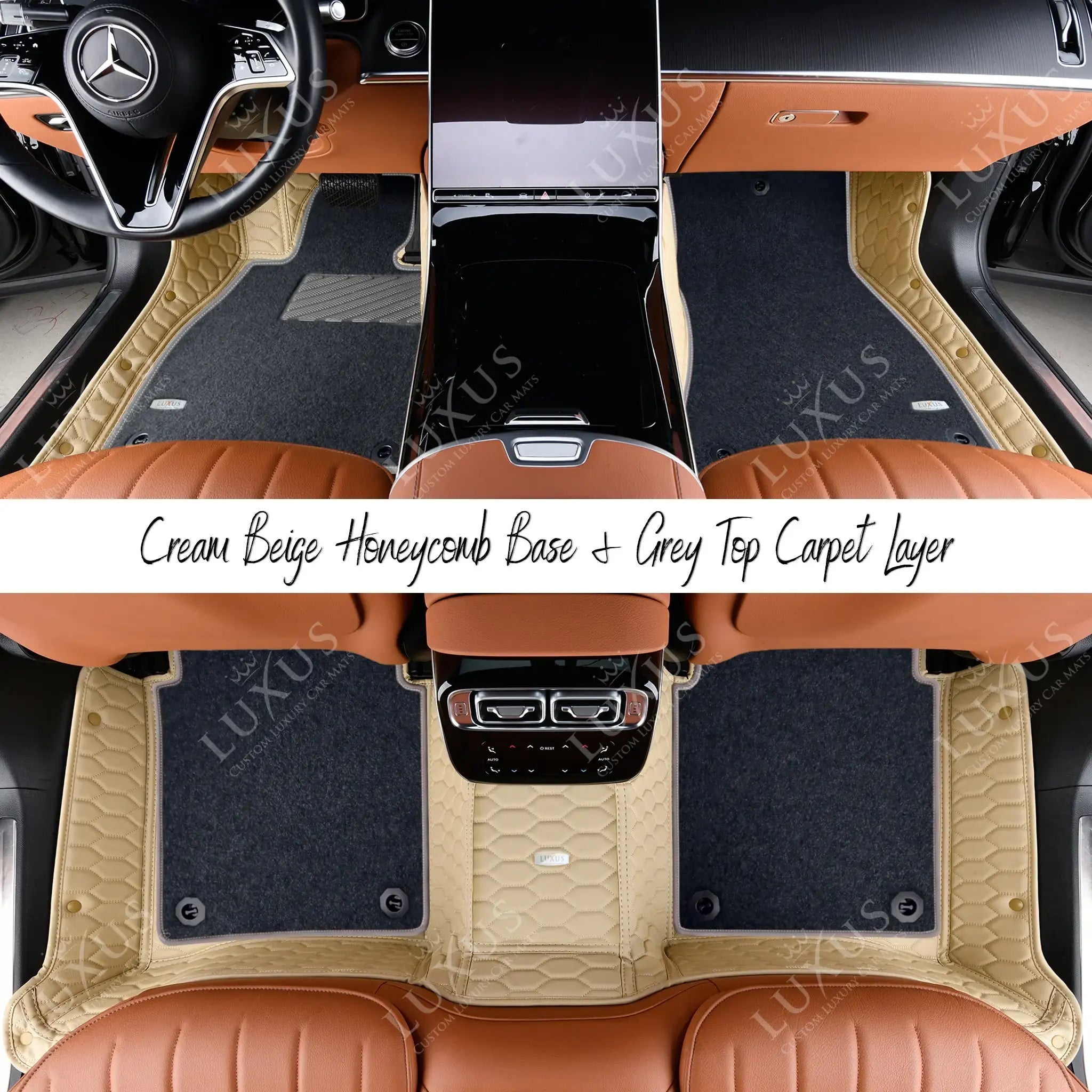 Cream Beige Honeycomb & Grey Carpet | Double Layer Luxury Car Mats Set