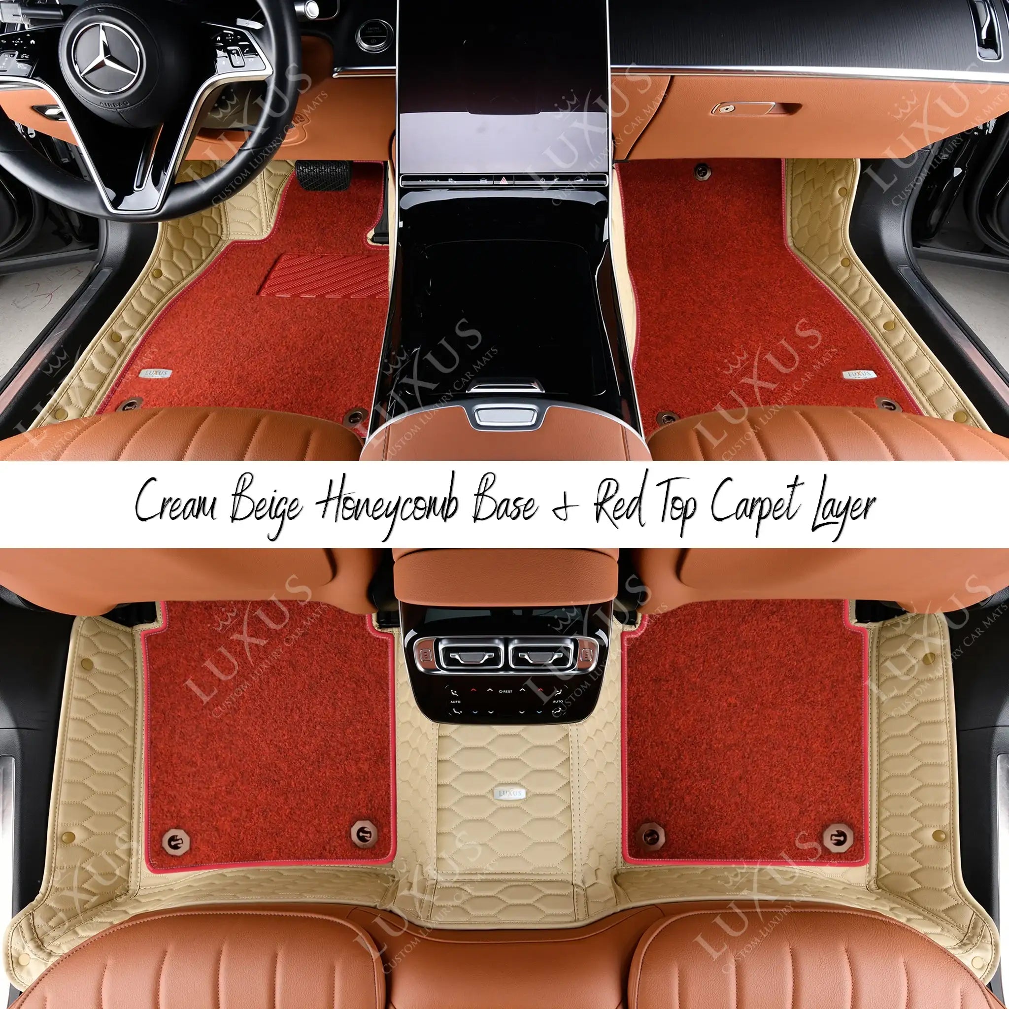 Cream Beige Honeycomb & Red Carpet | Double Layer Luxury Car Mats Set