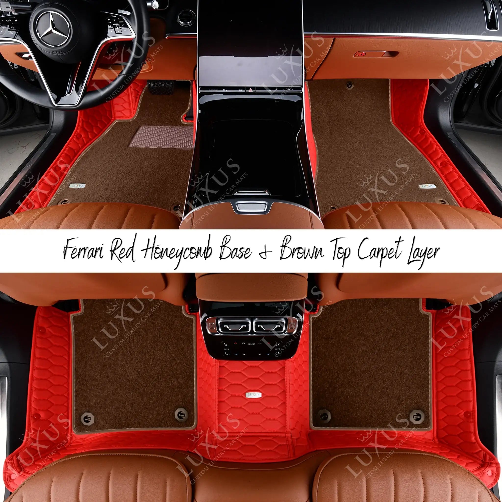 Ferrari Red Honeycomb & Brown Carpet | Double Layer Luxury Car Mats Set