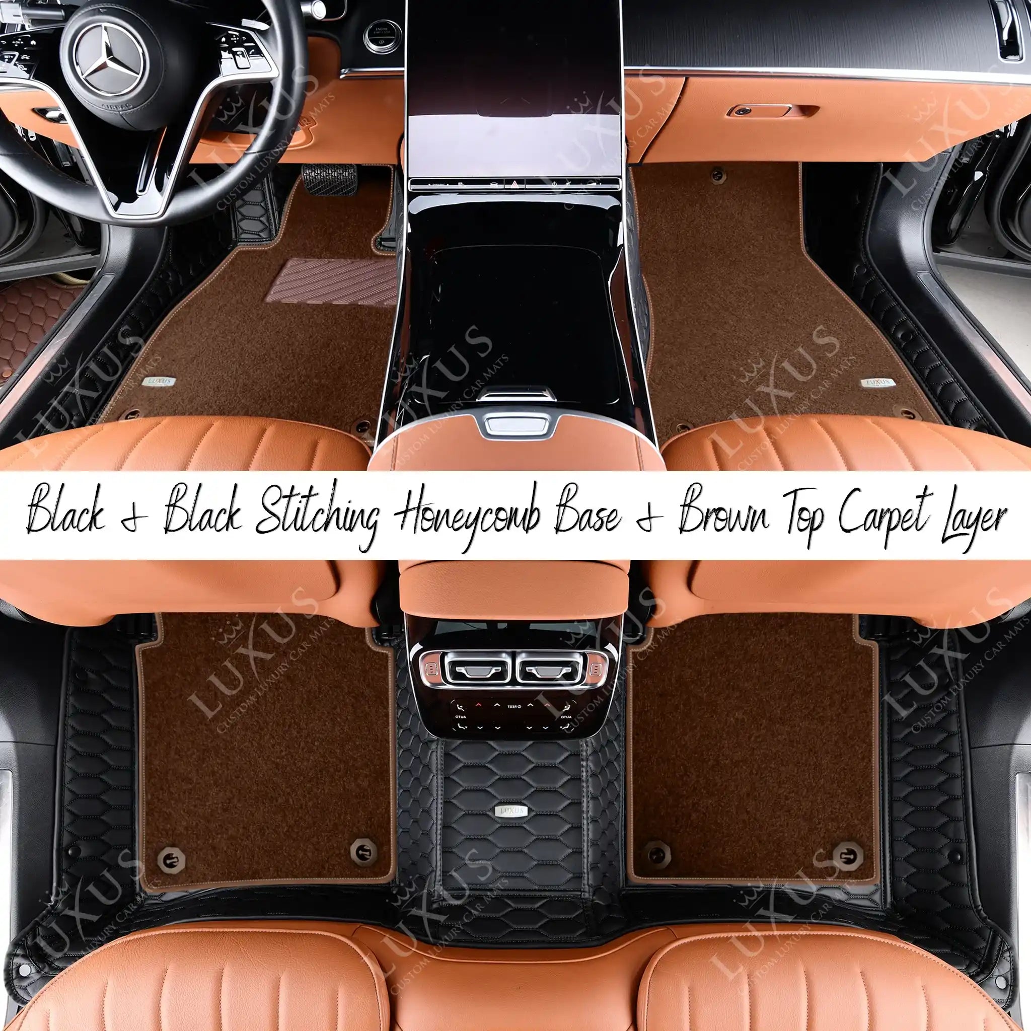 Black & Black Stitching Honeycomb & Brown Carpet | Double Layer Luxury Car Mats Set