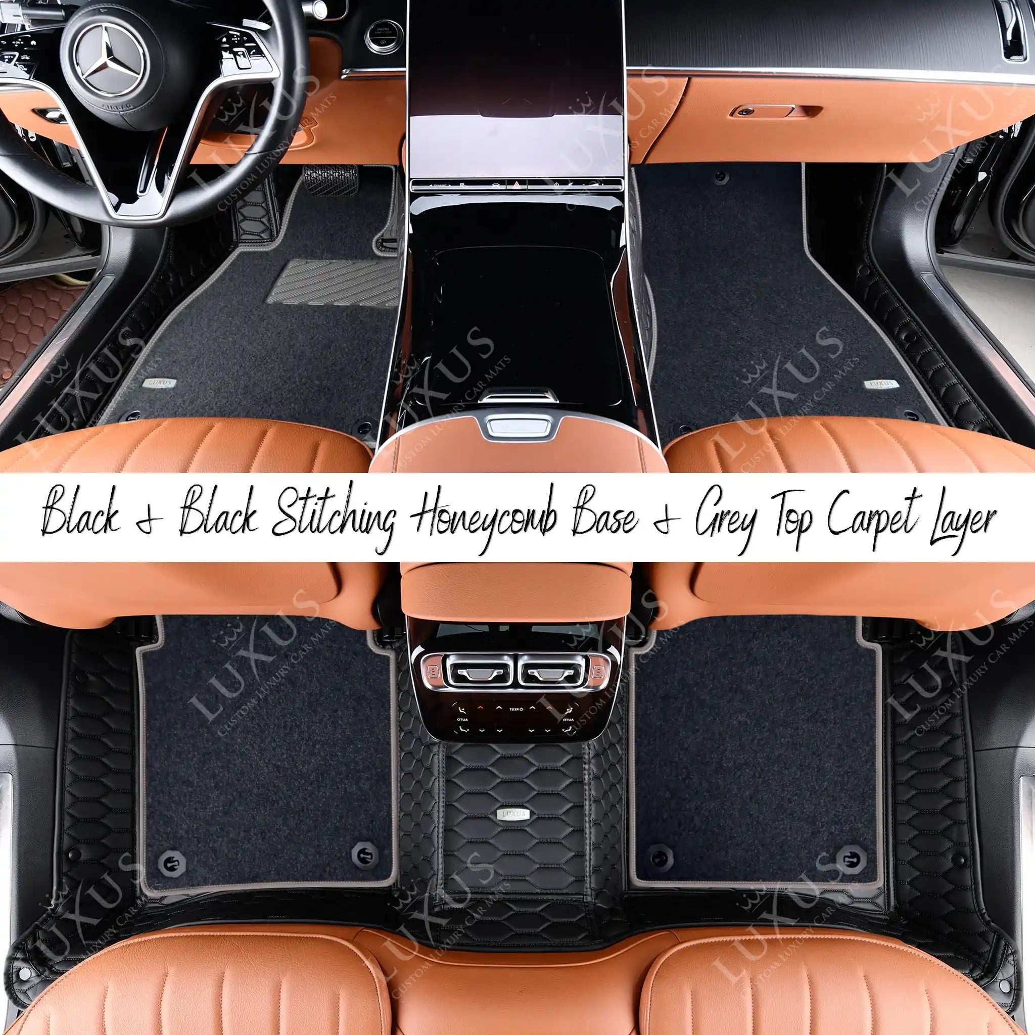 Black & Black Stitching Honeycomb & Grey Carpet | Double Layer Luxury Car Mats Set