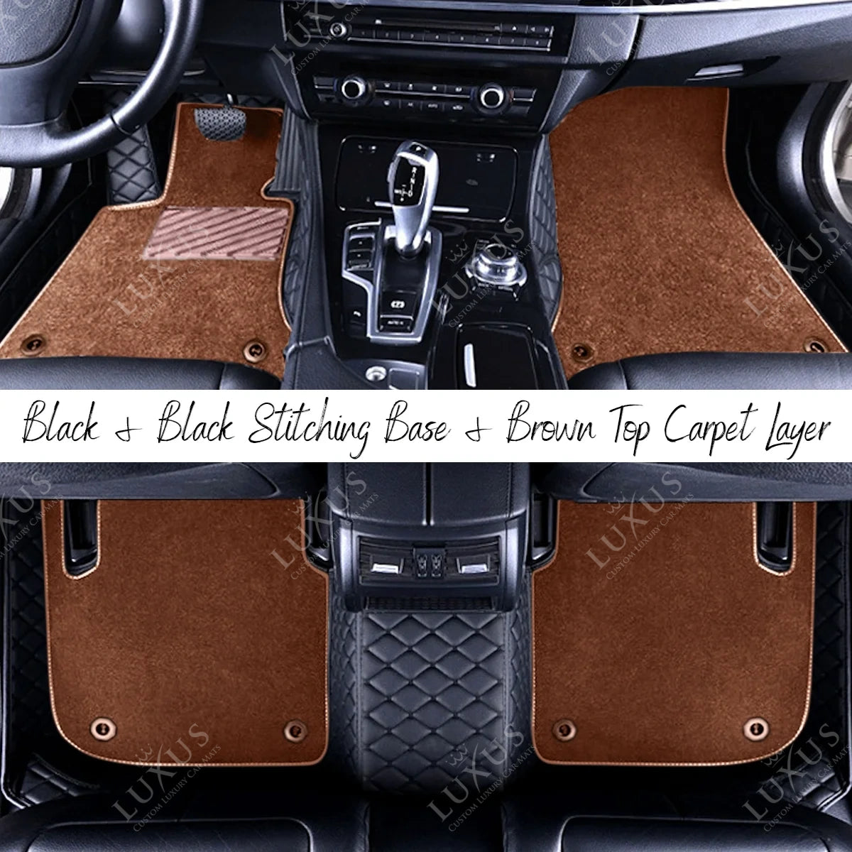 Black & Black Stitching Diamond Base & Brown Top Carpet Double Layer Luxury Car Mats Set