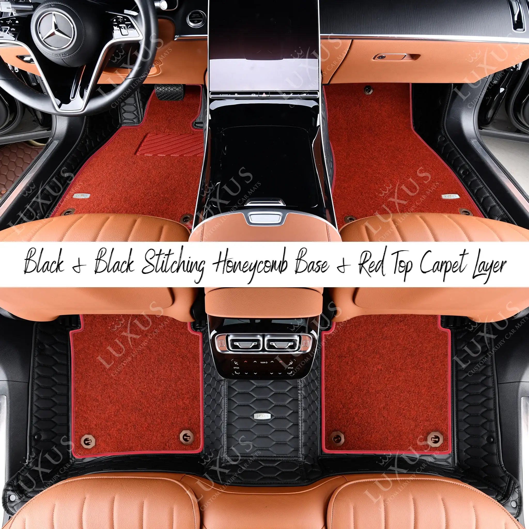 Black & Black Stitching Honeycomb & Red Carpet | Double Layer Luxury Car Mats Set
