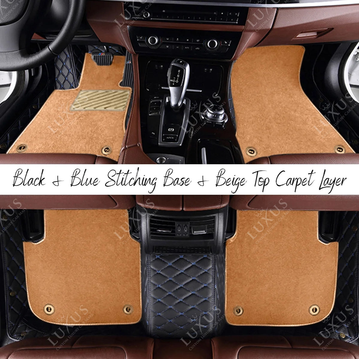 Black & Blue Stitching Diamond & Beige Carpet | Double Layer Luxury Car Mats Set
