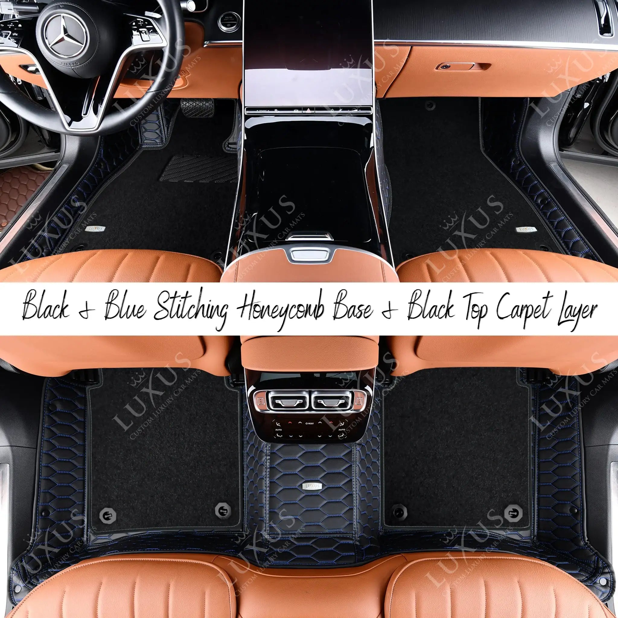 Black & Blue Stitching Honeycomb & Black Carpet | Double Layer Luxury Car Mats Set