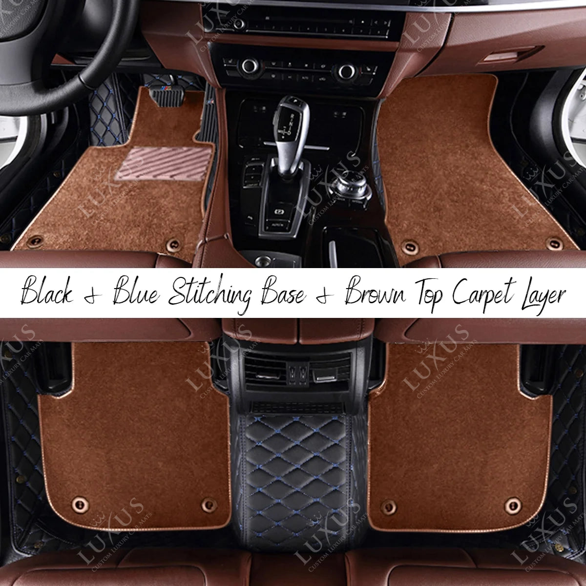 Black & Blue Stitching Diamond & Brown Carpet | Double Layer Luxury Car Mats Set