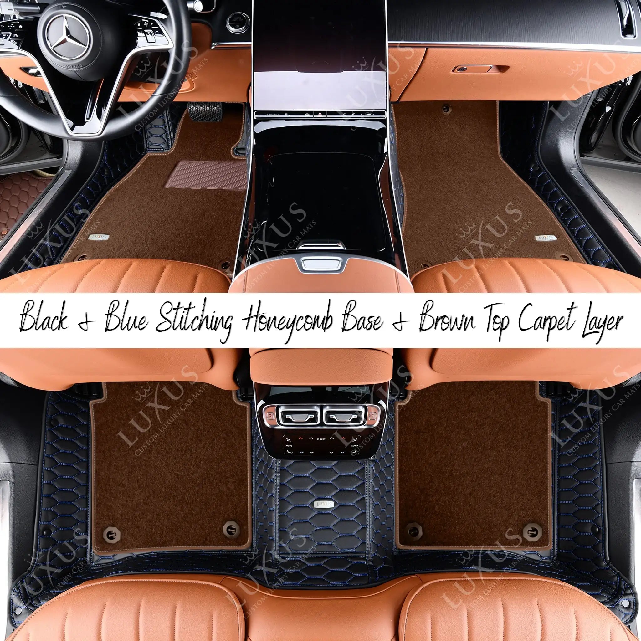 Black & Blue Stitching Honeycomb & Brown Carpet | Double Layer Luxury Car Mats Set