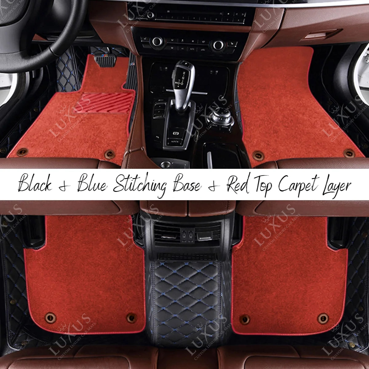 Black & Blue Stitching Diamond & Red Carpet | Double Layer Luxury Car Mats Set