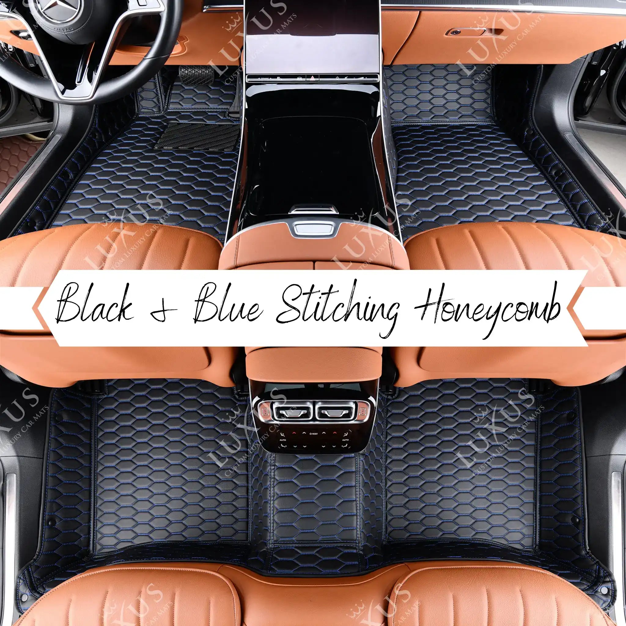 NEW Black & Blue Stitching Honeycomb Luxury Car Mats Set