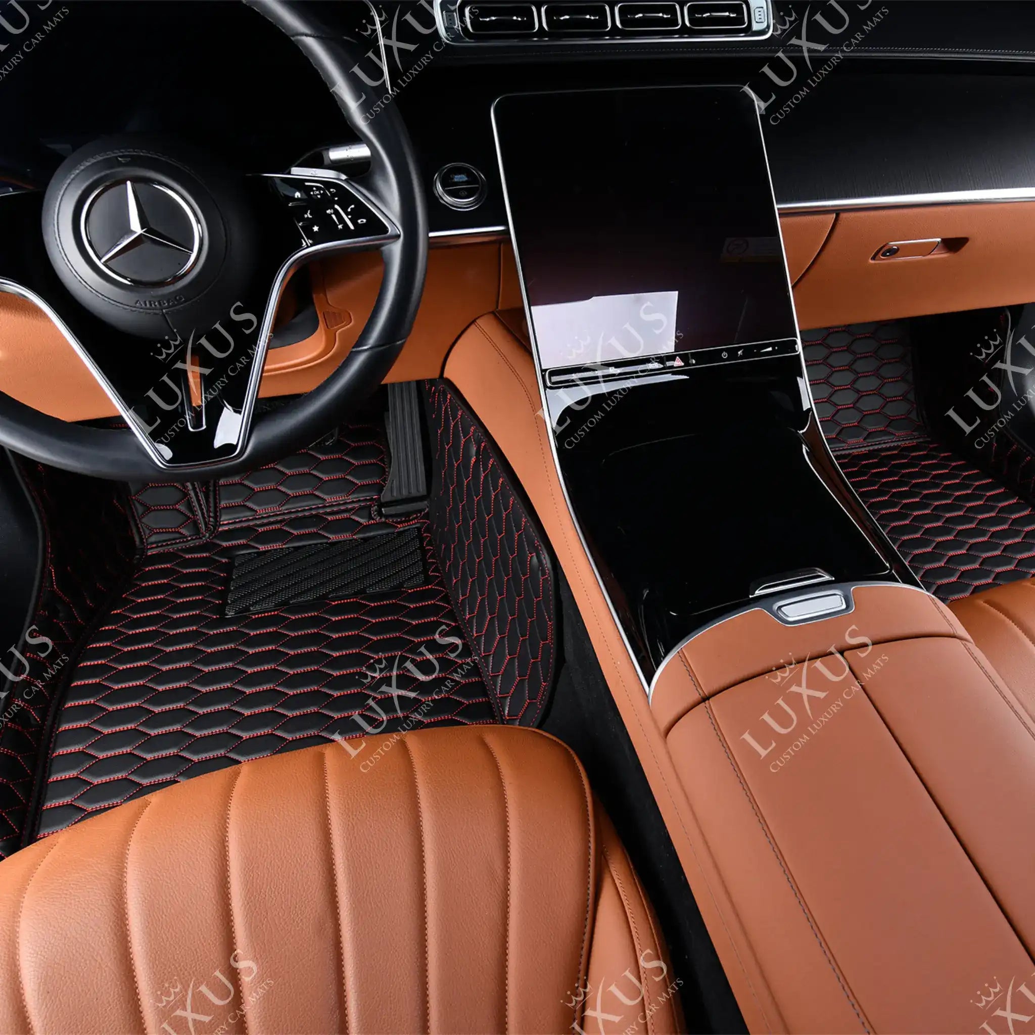 Luxus Premium Honeycomb Custom Car Mats Set | Black & Red Stitching