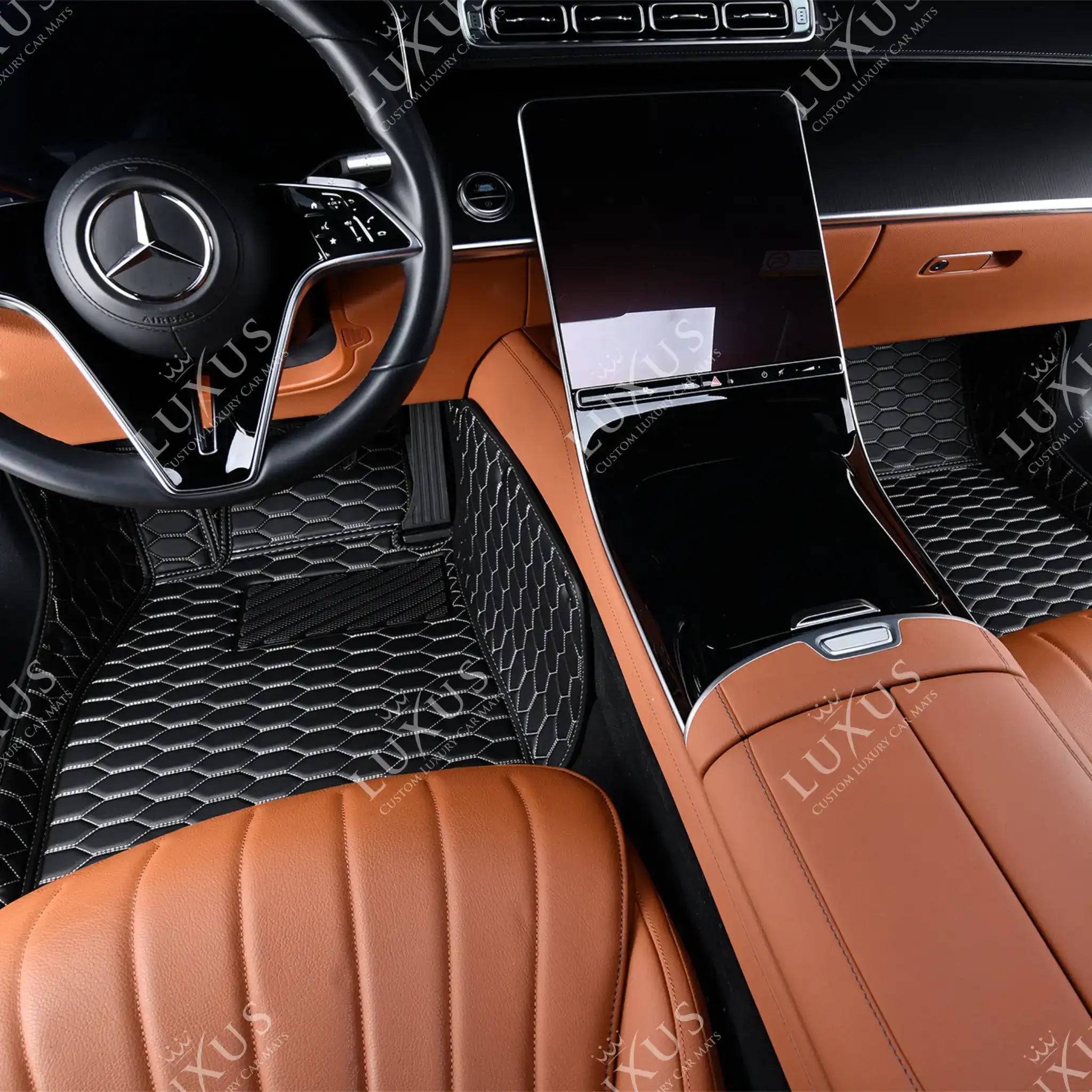 Luxus Premium Honeycomb Custom Car Mats Set | Black & White Stitching