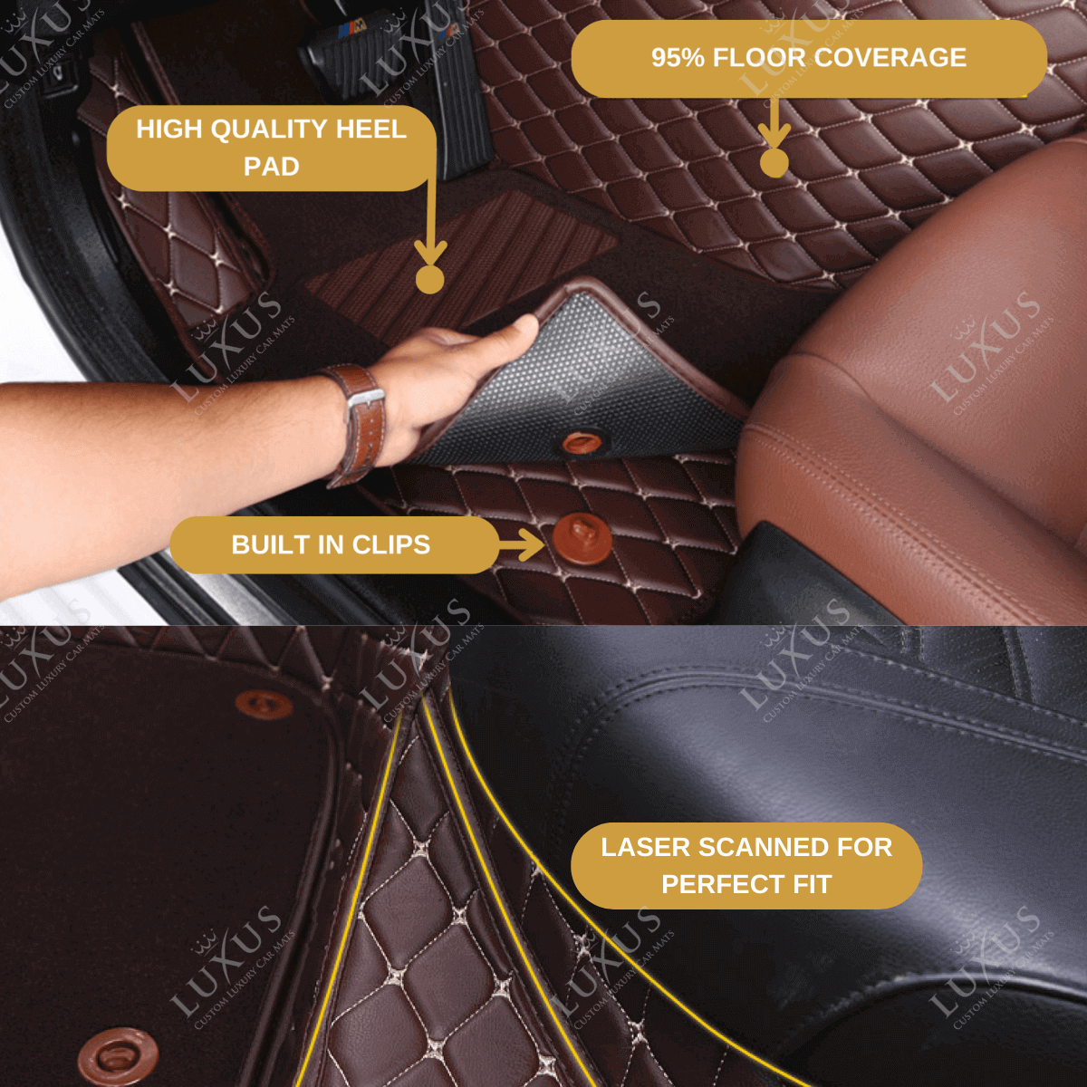 Chocolate Brown Diamond Base & Black Top Carpet Double Layer Luxury Car Mats Set