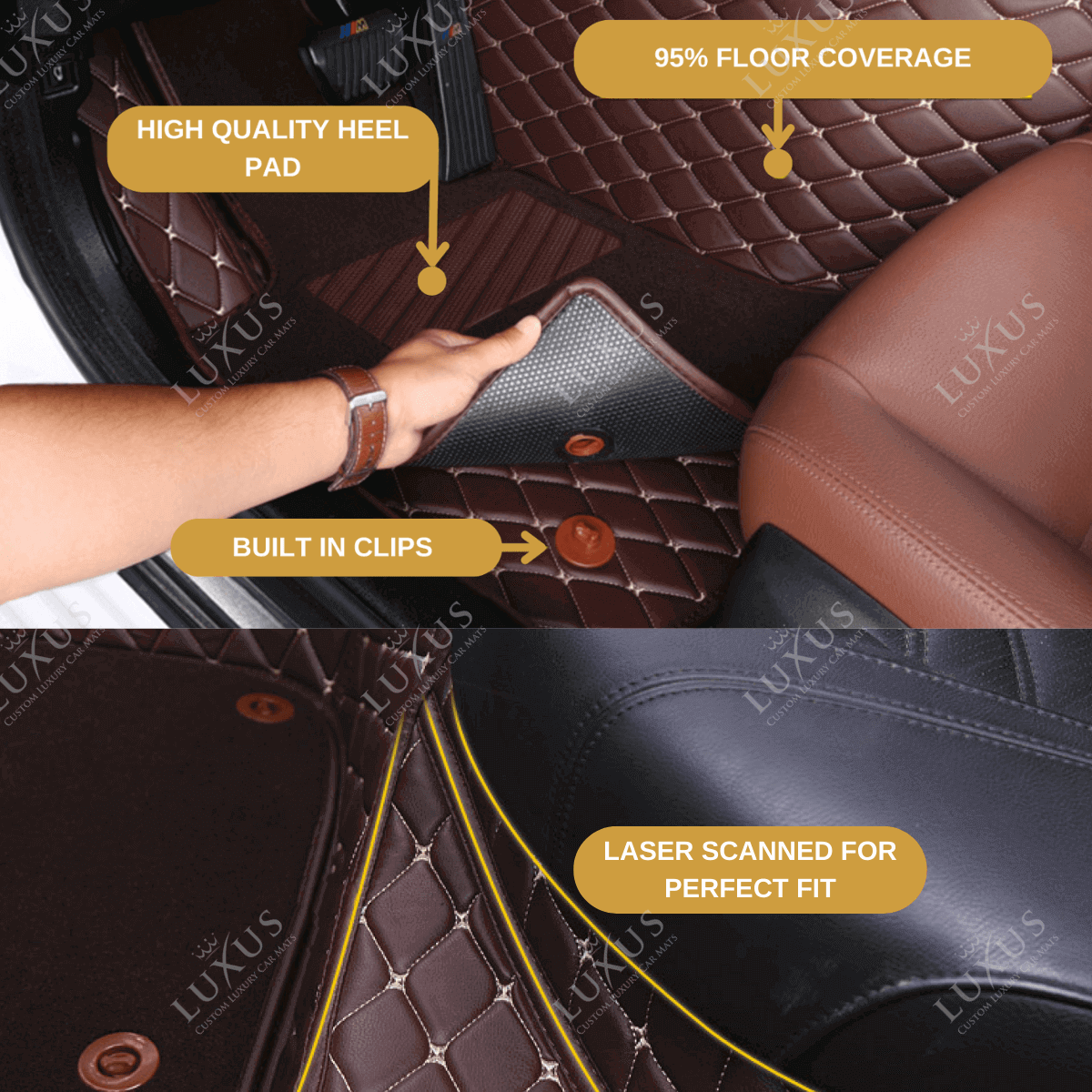 Black & Beige Stitching Diamond Base & Beige Top Carpet Double Layer Luxury Car Mats Set