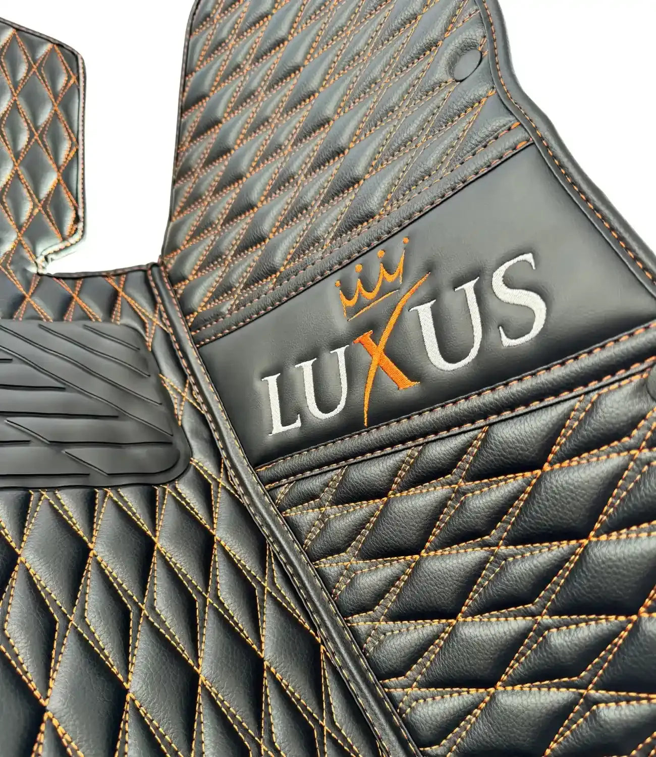 Luxus logo embroidered in white and orange thread