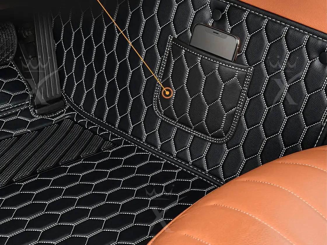 Storage pocket holding a smartphone on a honeycomb stitched floor mat