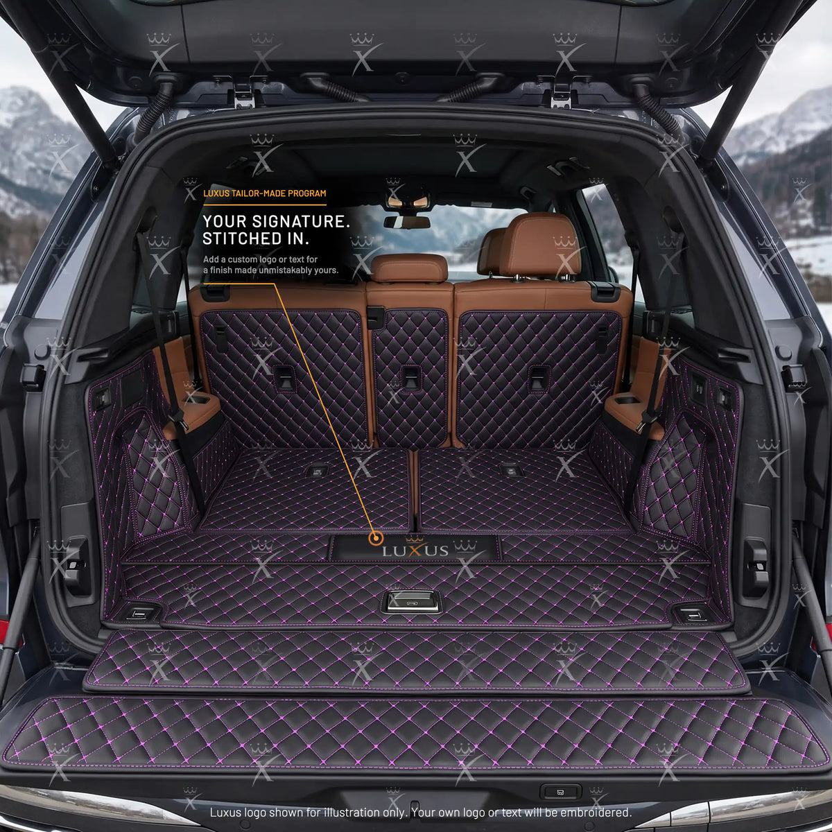Luxus Car Mats™ – 3D-Luxus-Leder-Kofferraum-/Kofferraummatte mit schwarzen und lila Nähten