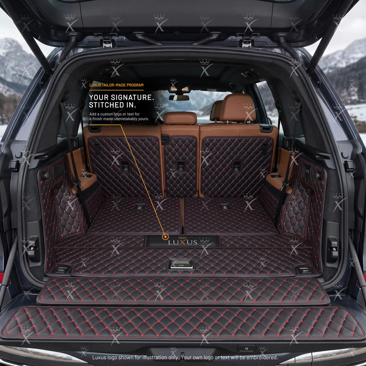 Luxus Car Mats™ – 3D-Luxus-Leder-Kofferraum-/Kofferraummatte mit schwarzen und roten Nähten