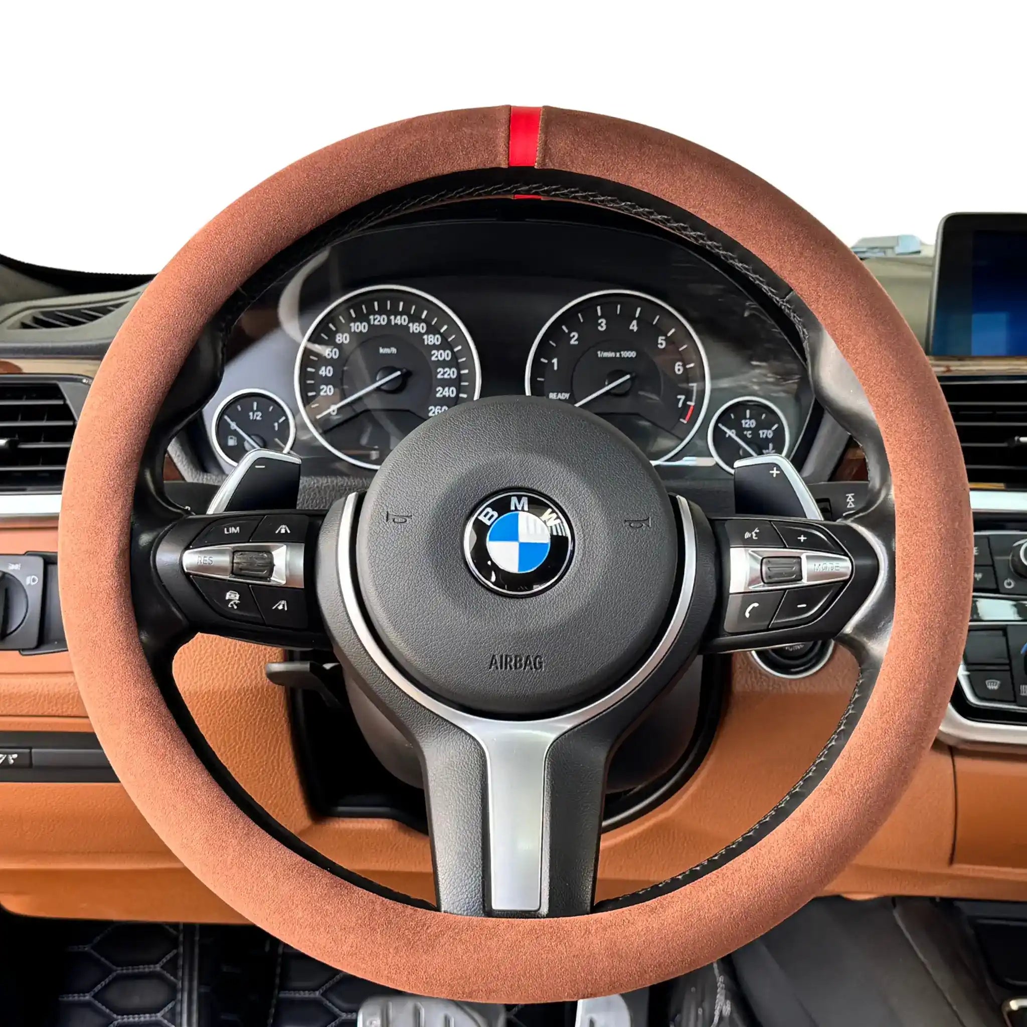 Luxus Alcantara Full Steering Wheel Cover - Marrone Toscano & Red Stitching