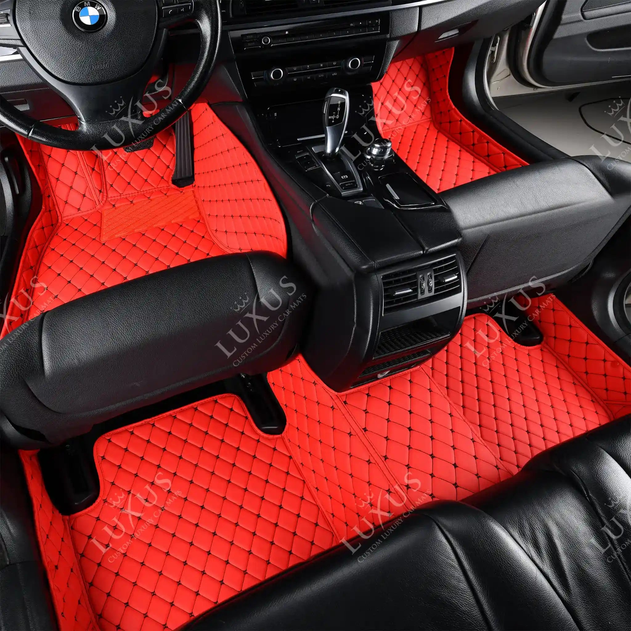 Luxus Premium Diamond Custom Car Mats Set | Ferrari Red & Black Stitching