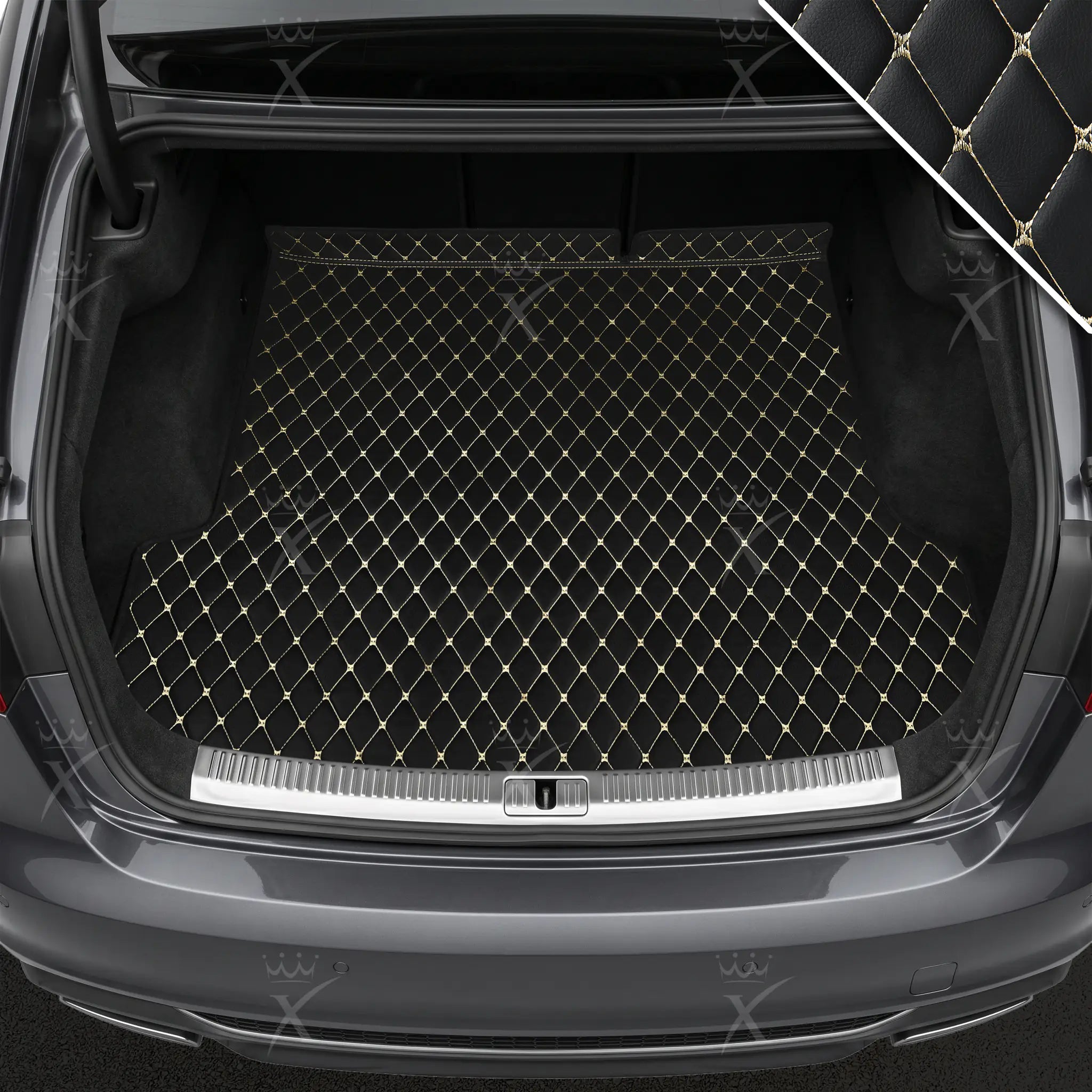 Luxus Car Mats™ – Luxus-Leder-Kofferraum-/Kofferraummatte mit schwarzen und beigen Nähten