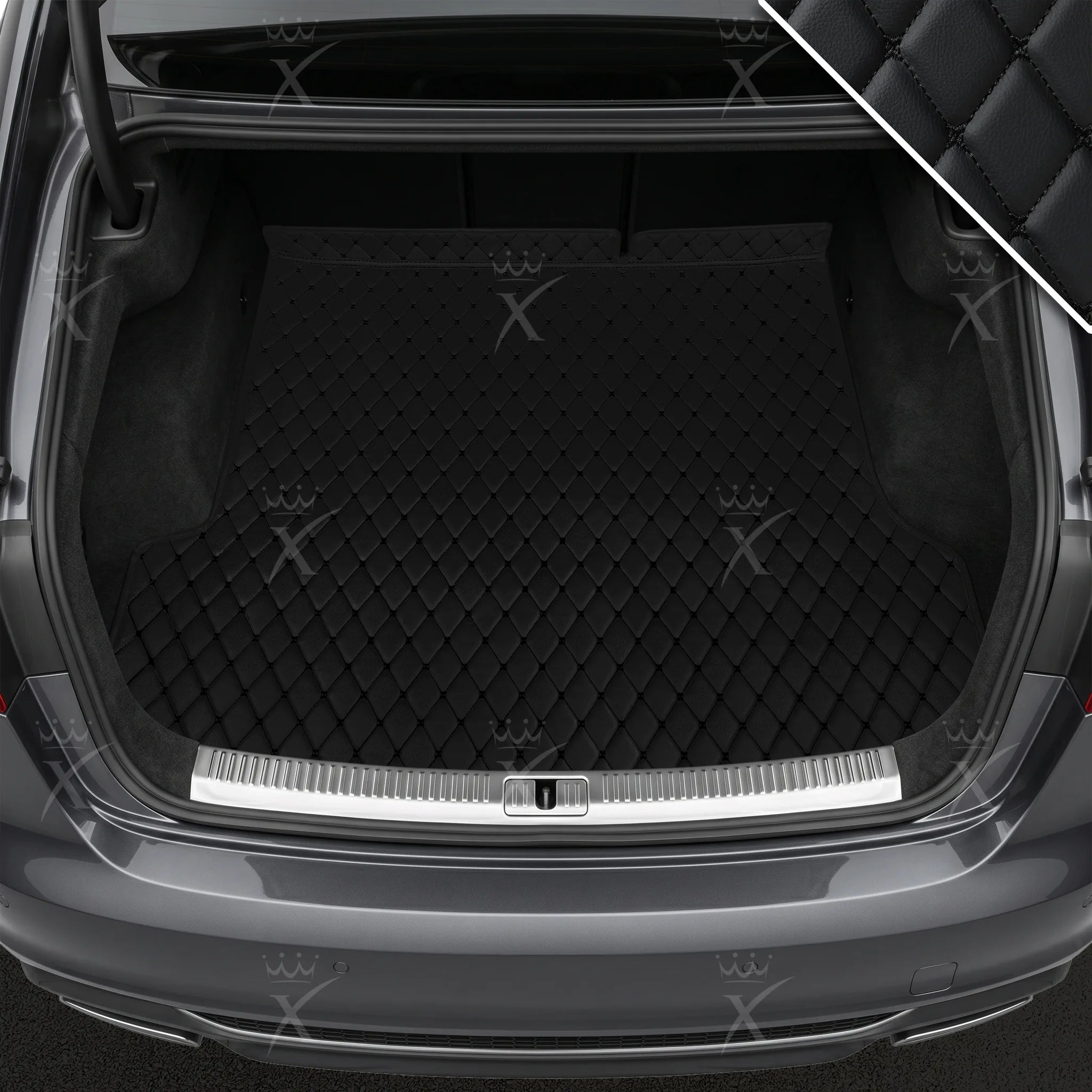 Luxus Car Mats™ – Kofferraum-/Kofferraummatte aus schwarzem Leder mit schwarzen Nähten