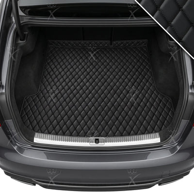 Luxus Car Mats™ – Kofferraum-/Kofferraummatte aus schwarzem Leder mit schwarzen Nähten