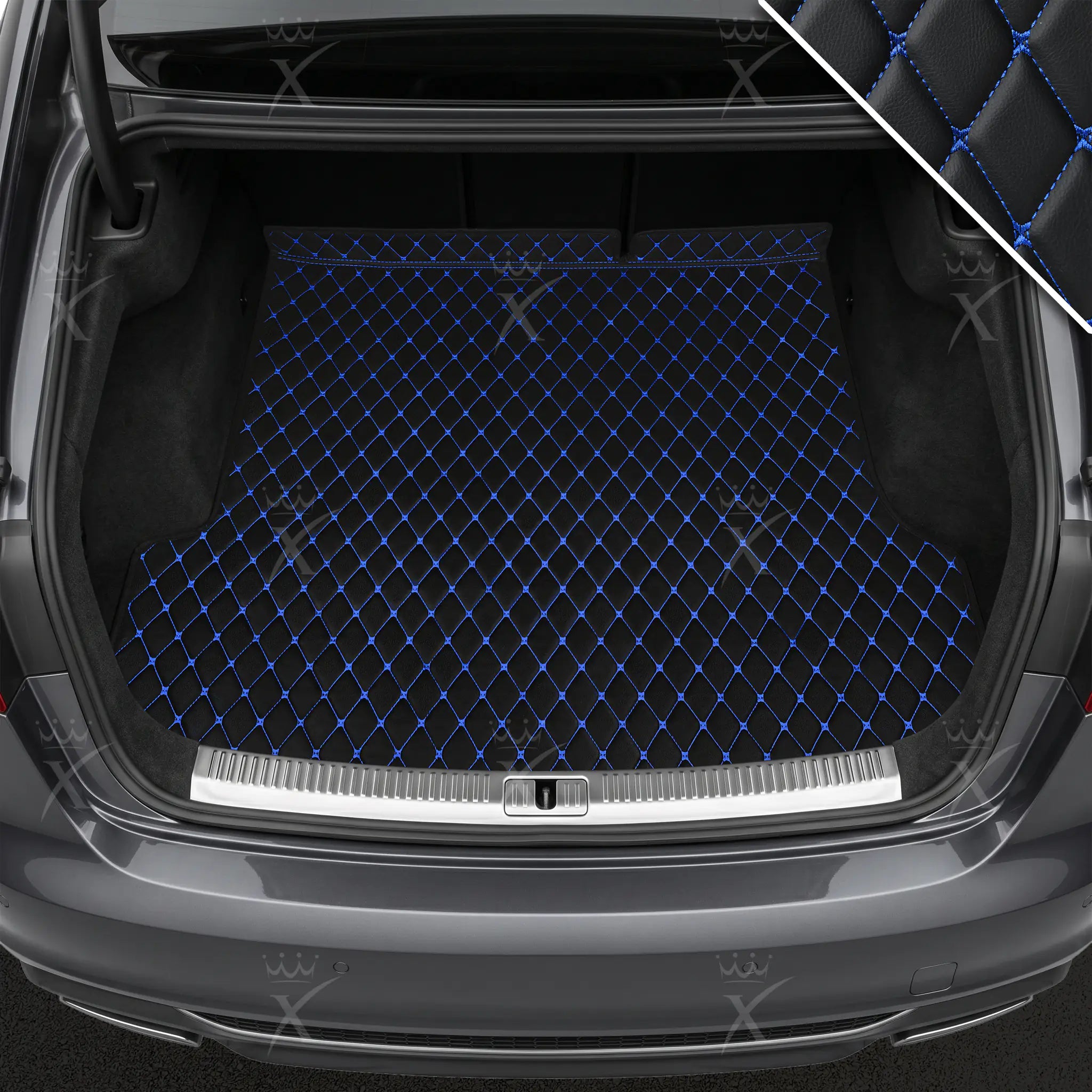 Luxus Car Mats™ – Luxus-Leder-Kofferraum-/Kofferraummatte mit schwarzen und blauen Nähten