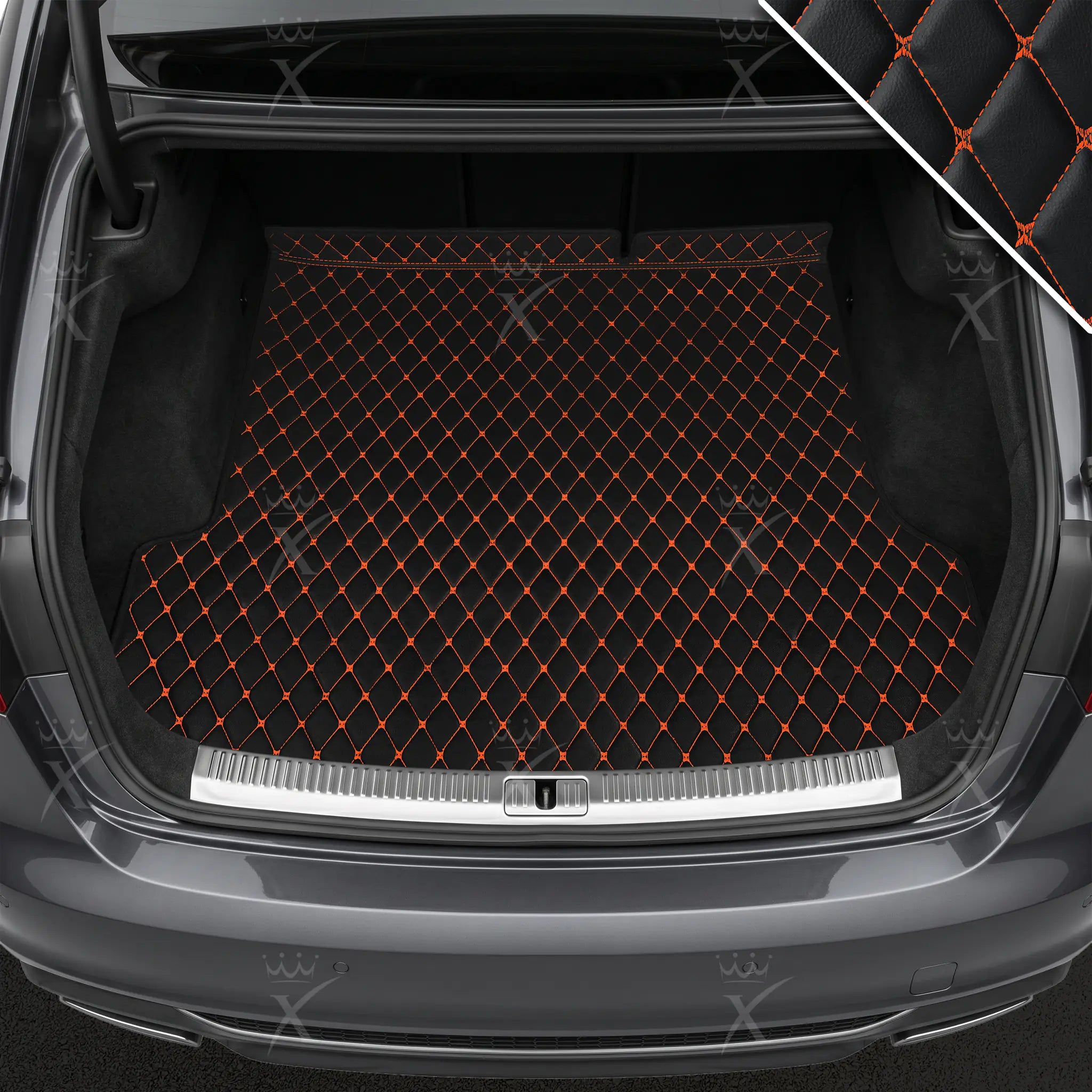Luxus Car Mats™ – Luxus-Leder-Kofferraum-/Kofferraummatte mit schwarzen und orangefarbenen Nähten