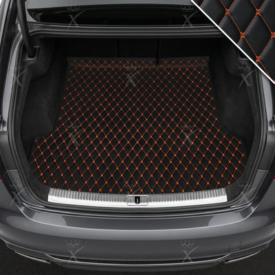 Luxus Car Mats™ - Tapete para maletero/maletero de cuero de lujo con costuras en negro y naranja