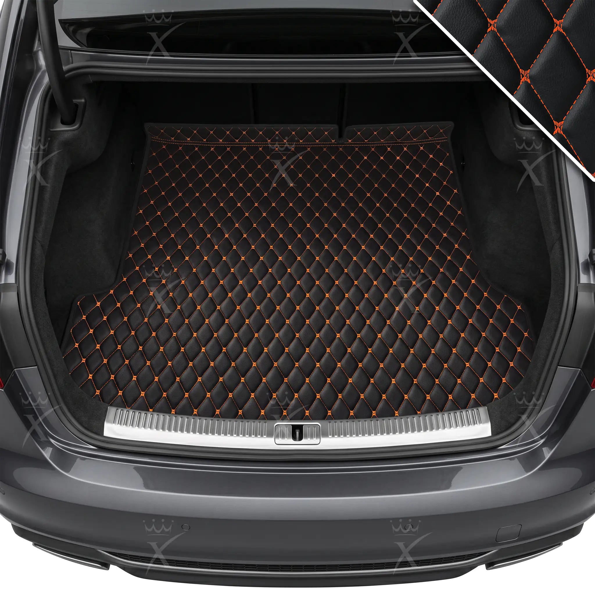 Luxus Car Mats™ - Zwart en oranje stiksel Luxe leren koffer-/koffermat