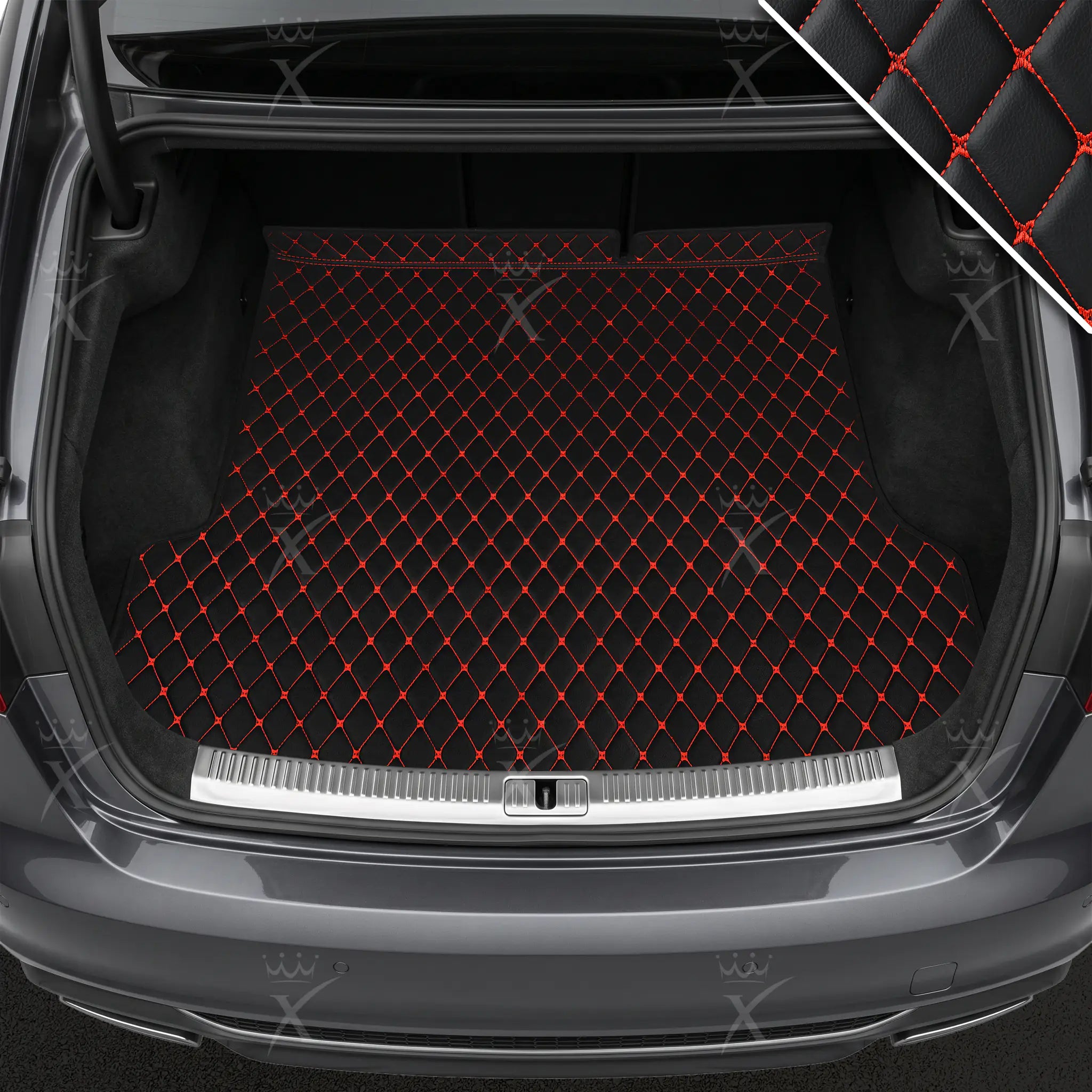 Luxus Car Mats™ – Luxus-Leder-Kofferraum-/Kofferraummatte mit schwarzen und roten Nähten
