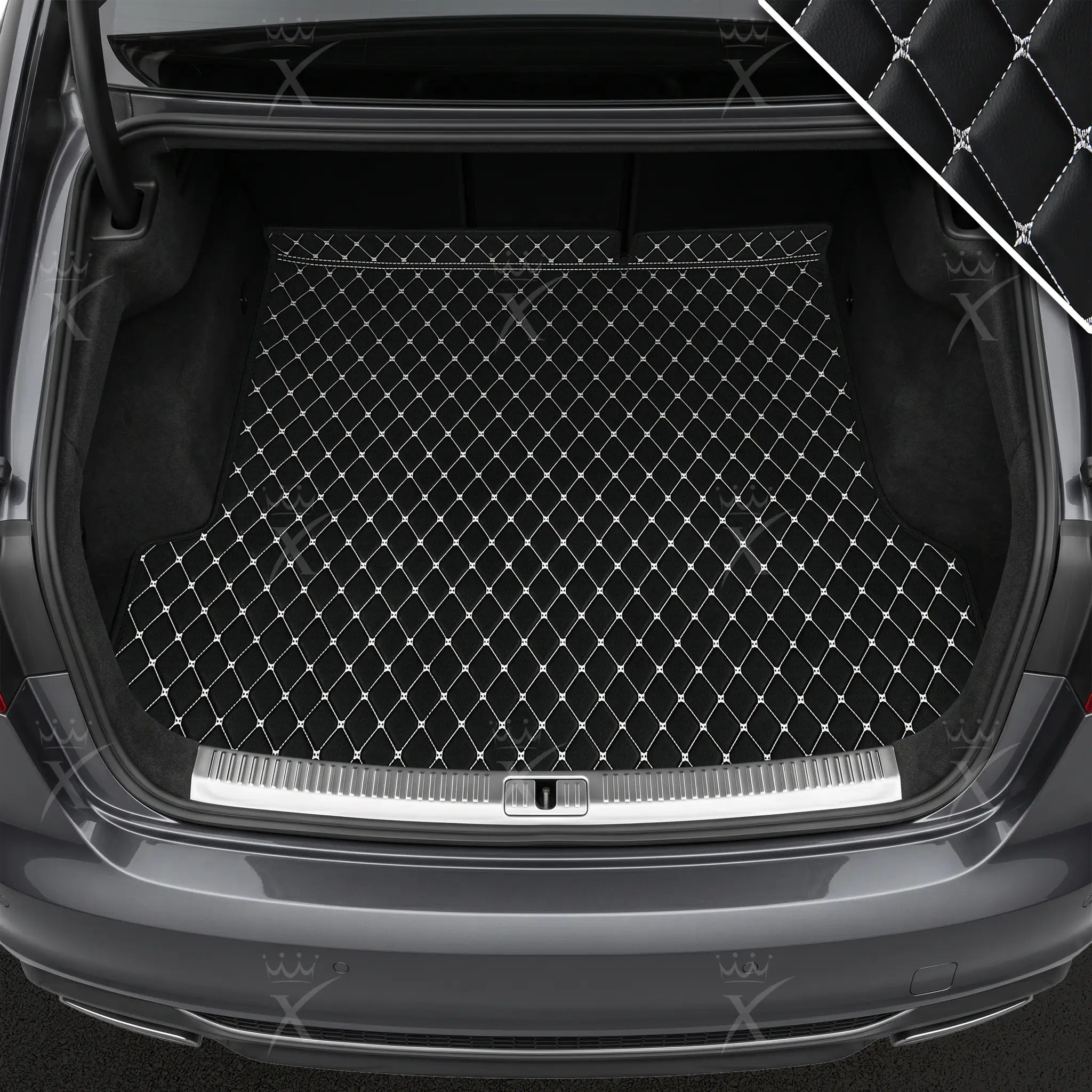 Luxus Car Mats™ – Luxus-Leder-Kofferraum-/Kofferraummatte mit schwarzen und weißen Nähten