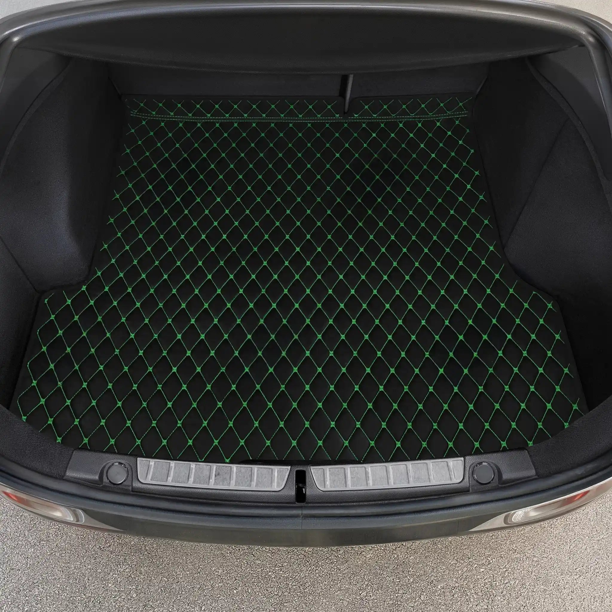 Luxus Diamond Base Series Trunk Mat | Black & Green Stitching