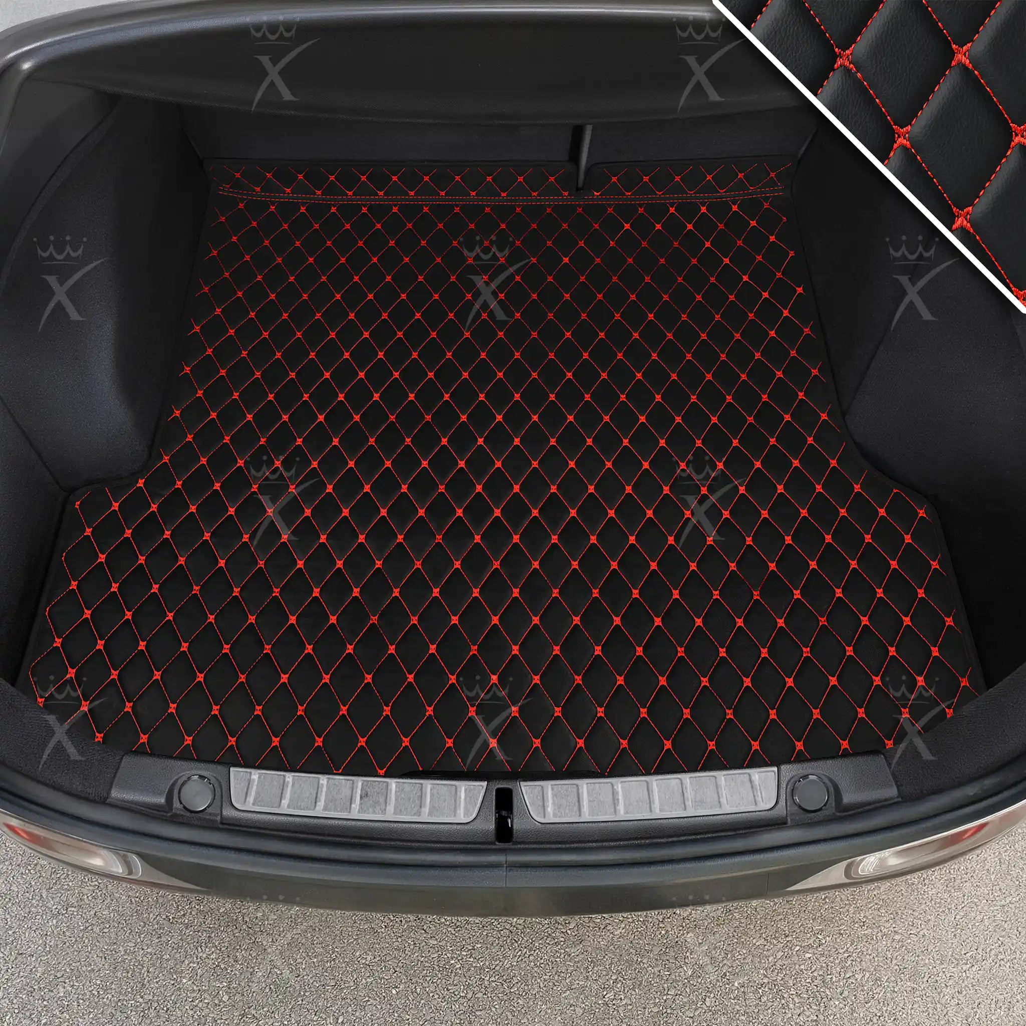 Luxus Car Mats™ - Tapete para maletero/maletero de cuero de lujo con costuras negras y rojas