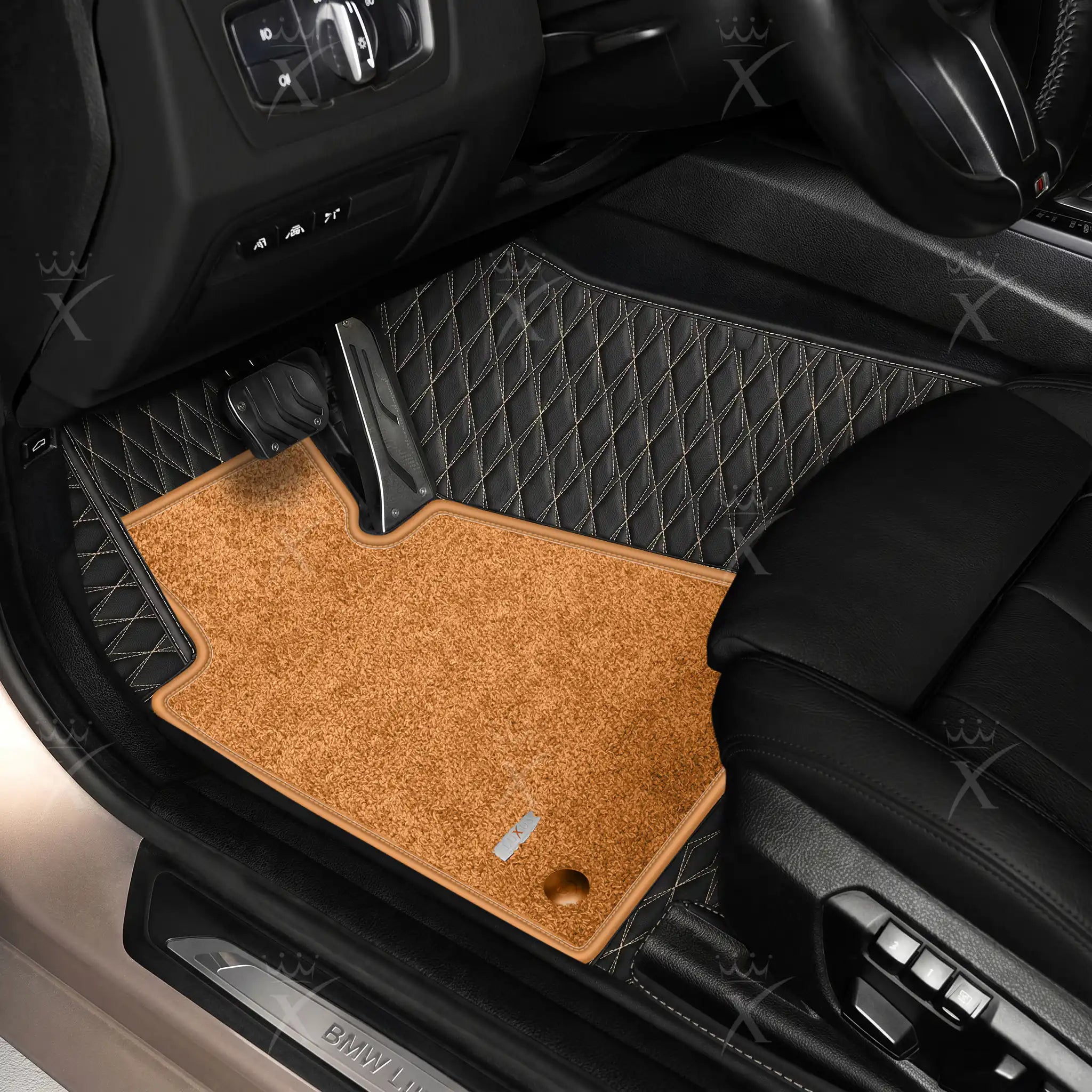 Luxus Twin-Diamond Double Layer Series Floor Mats | Black & Beige Stitching & Cognac Tan Top Carpet