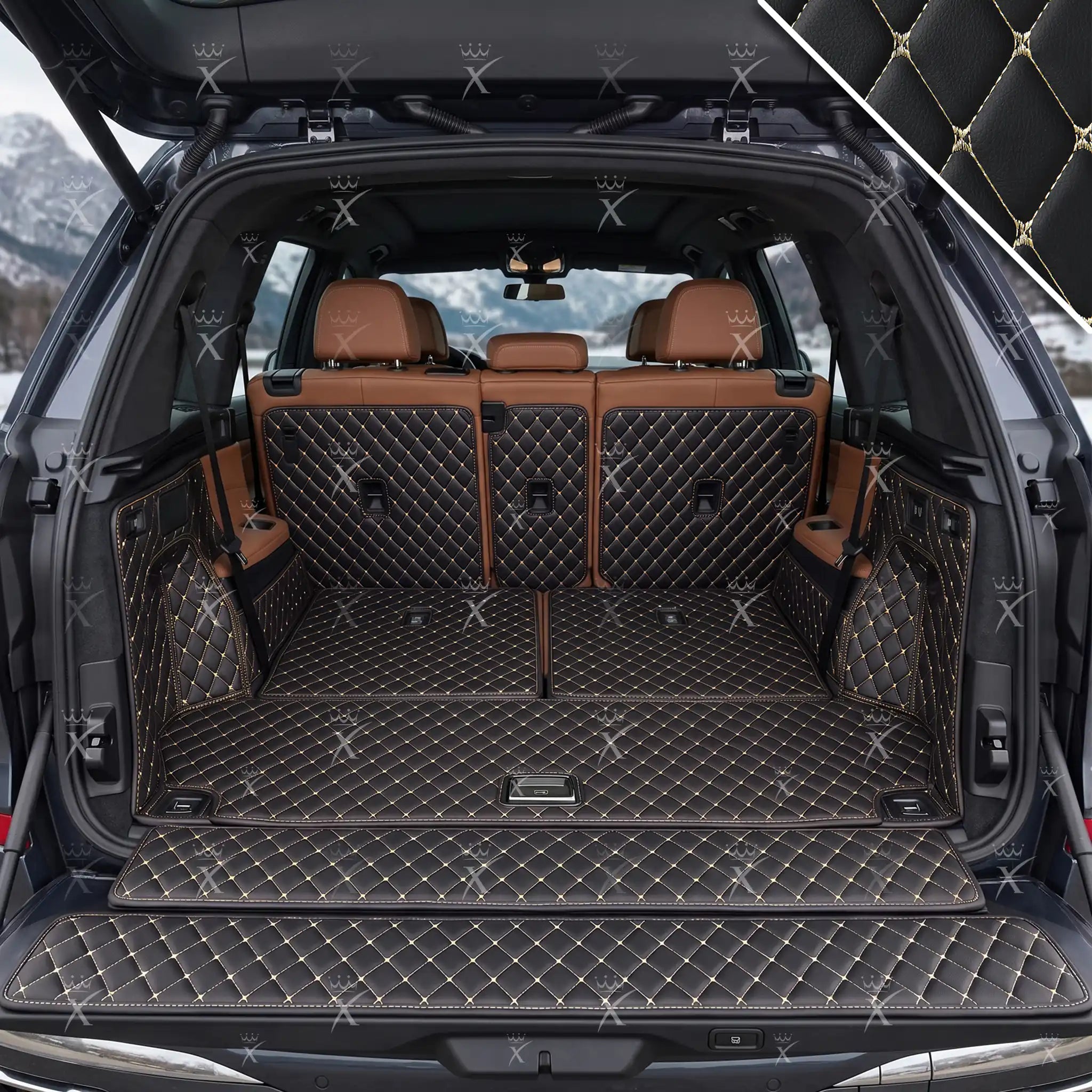 Luxus Car Mats™ - Svart og beige søm 3D luksuslærstøvel/bagasjematte