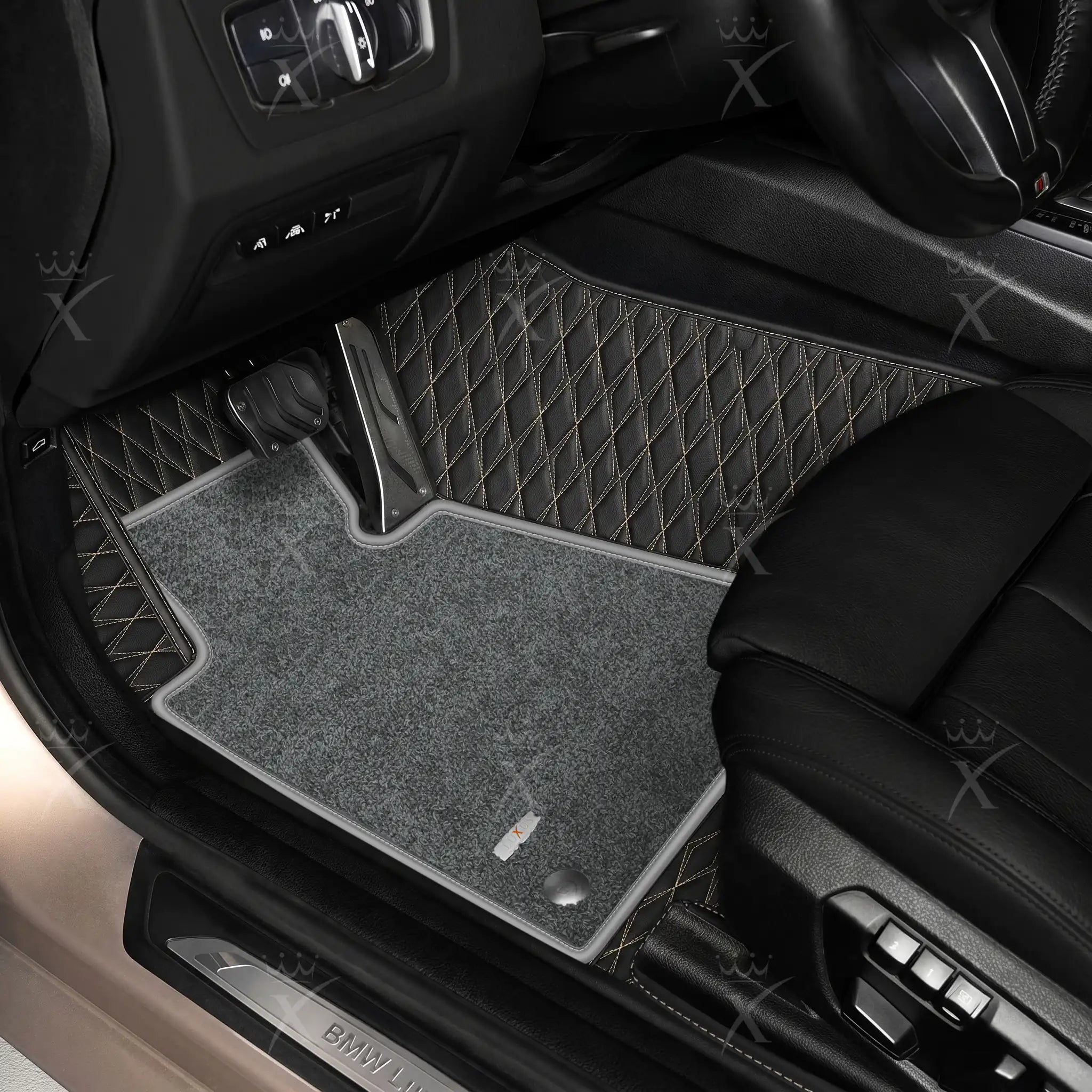 Luxus Twin-Diamond Double Layer Series Floor Mats | Black & Beige Stitching & Graphite Shadow Top Carpet