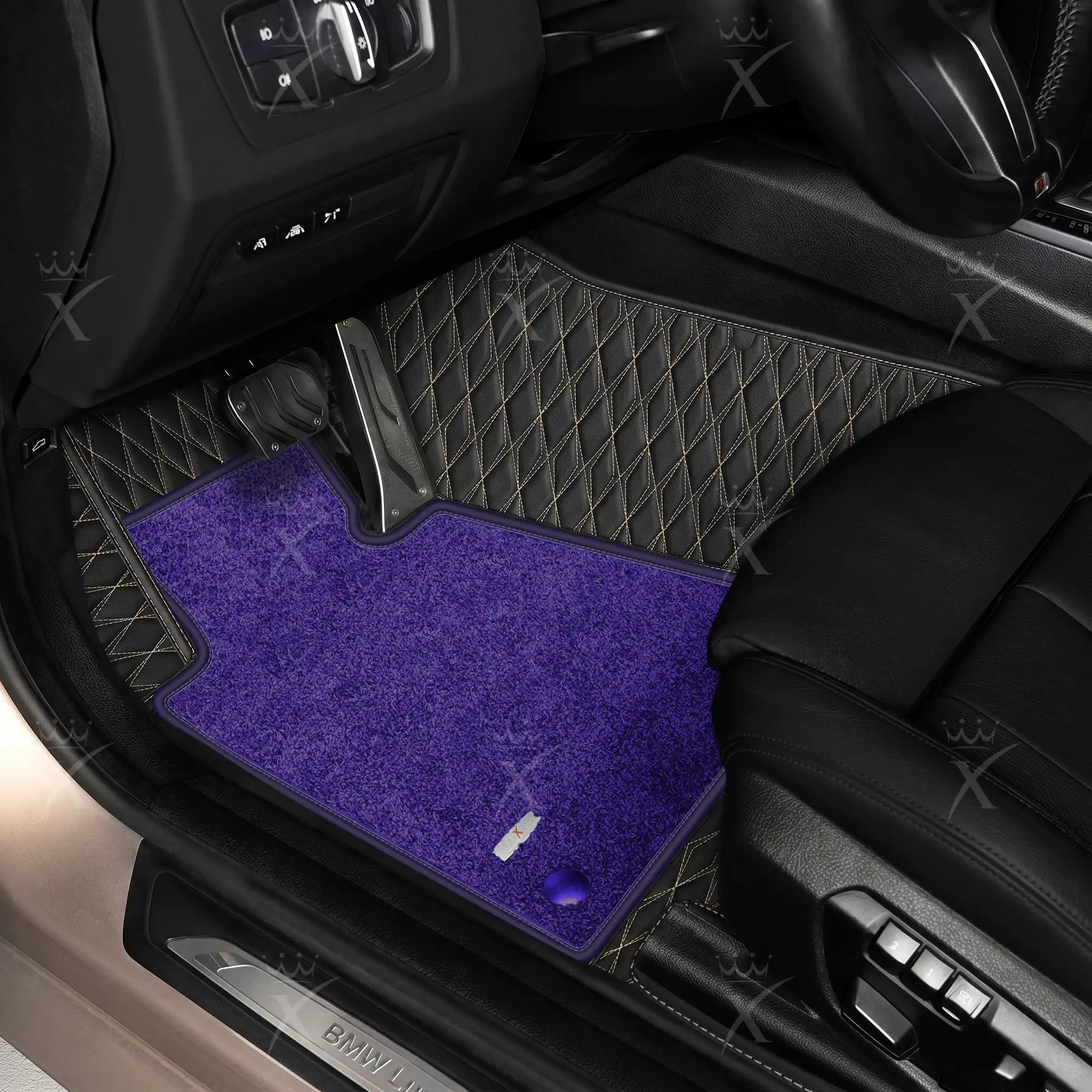 Luxus Twin-Diamond Double Layer Series Floor Mats | Black & Beige Stitching & Imperial Violet Top Carpet