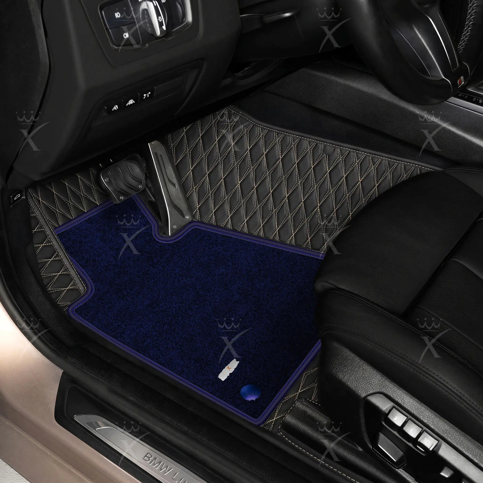 Luxus Twin-Diamond Double Layer Series Floor Mats | Black & Beige Stitching & Midnight Navy Top Carpet