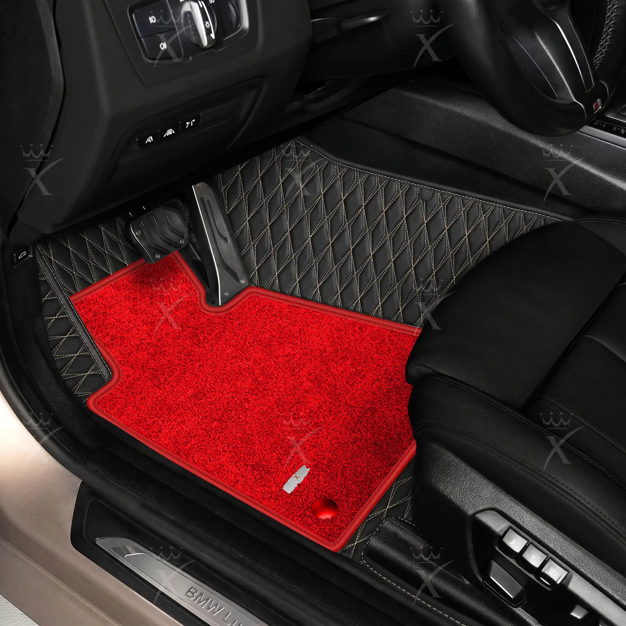 Luxus Twin-Diamond Double Layer Series Floor Mats | Black & Beige Stitching & Rosso Corsa Top Carpet