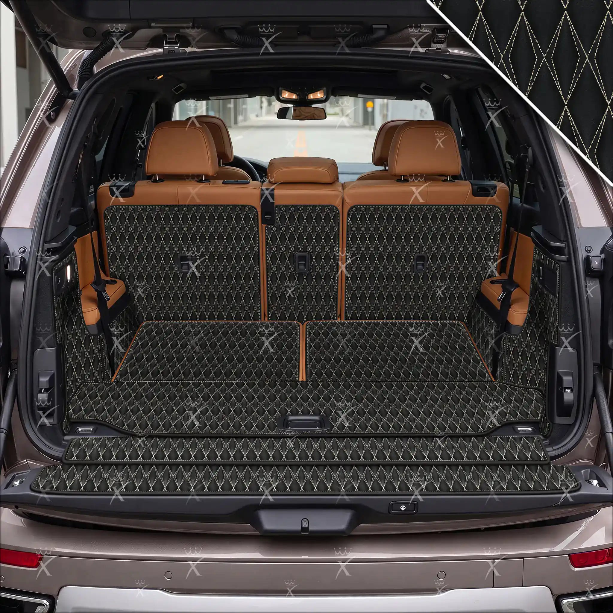 Luxus Car Mats™ – 3D-Luxus-Leder-Kofferraum-/Kofferraummatte in Schwarz und Schwarz mit Nähten