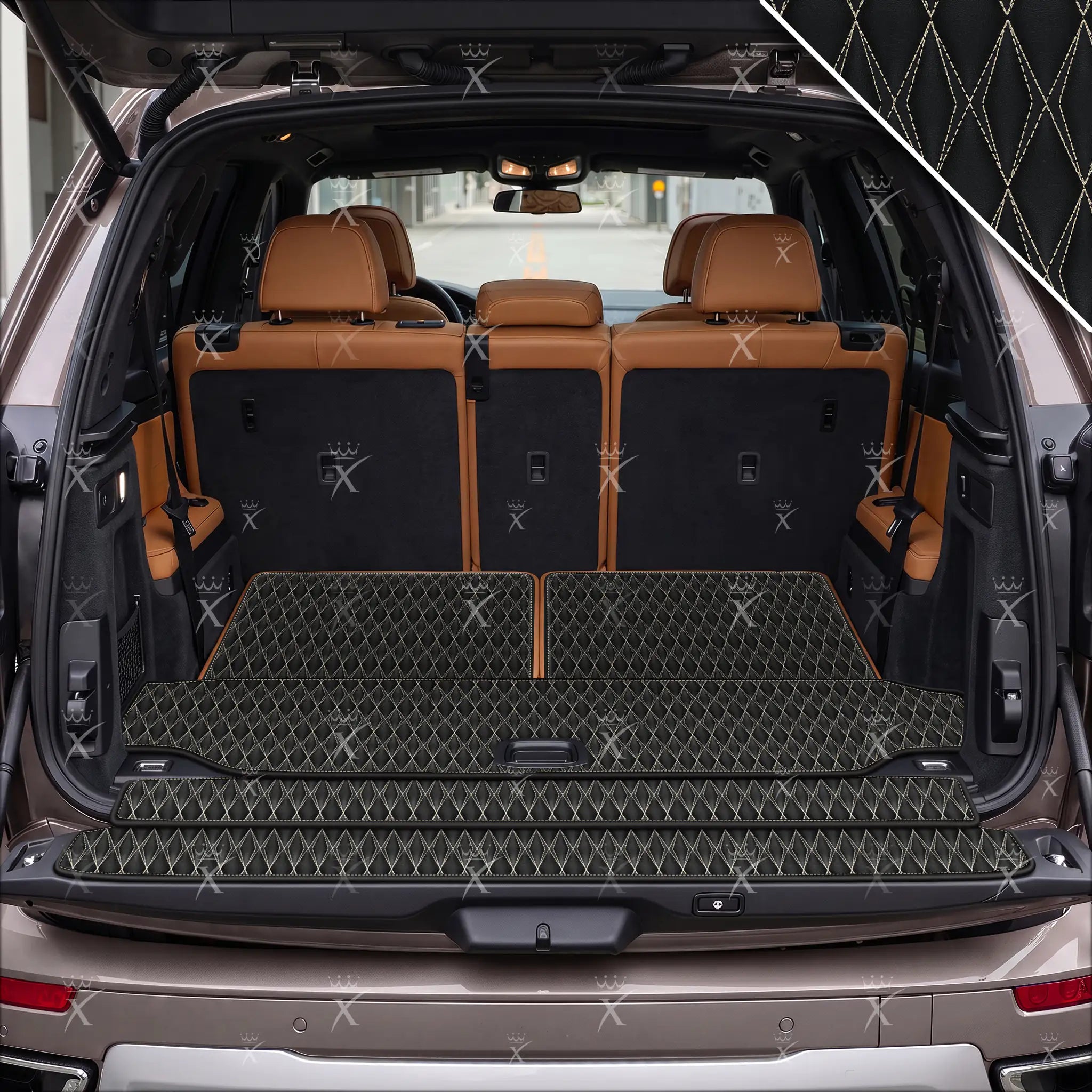 Luxus Twin-Diamond Base Series Trunk Mat | Black & Beige Stitching