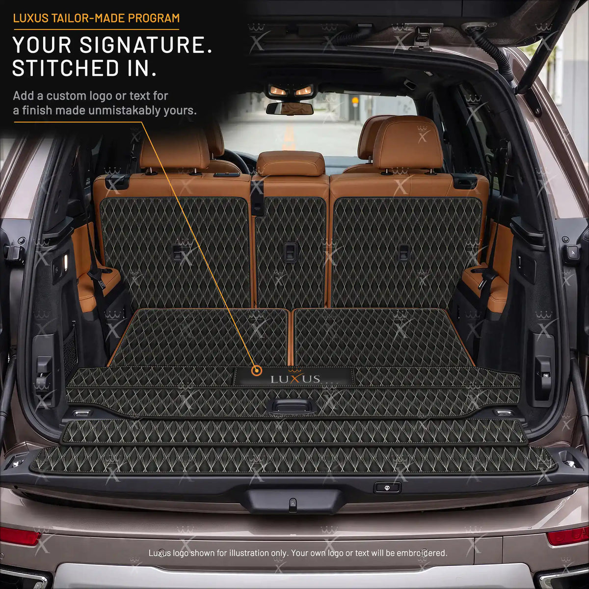 Luxus Car Mats™ – 3D-Luxus-Leder-Kofferraum-/Kofferraummatte in Schwarz und Schwarz mit Nähten