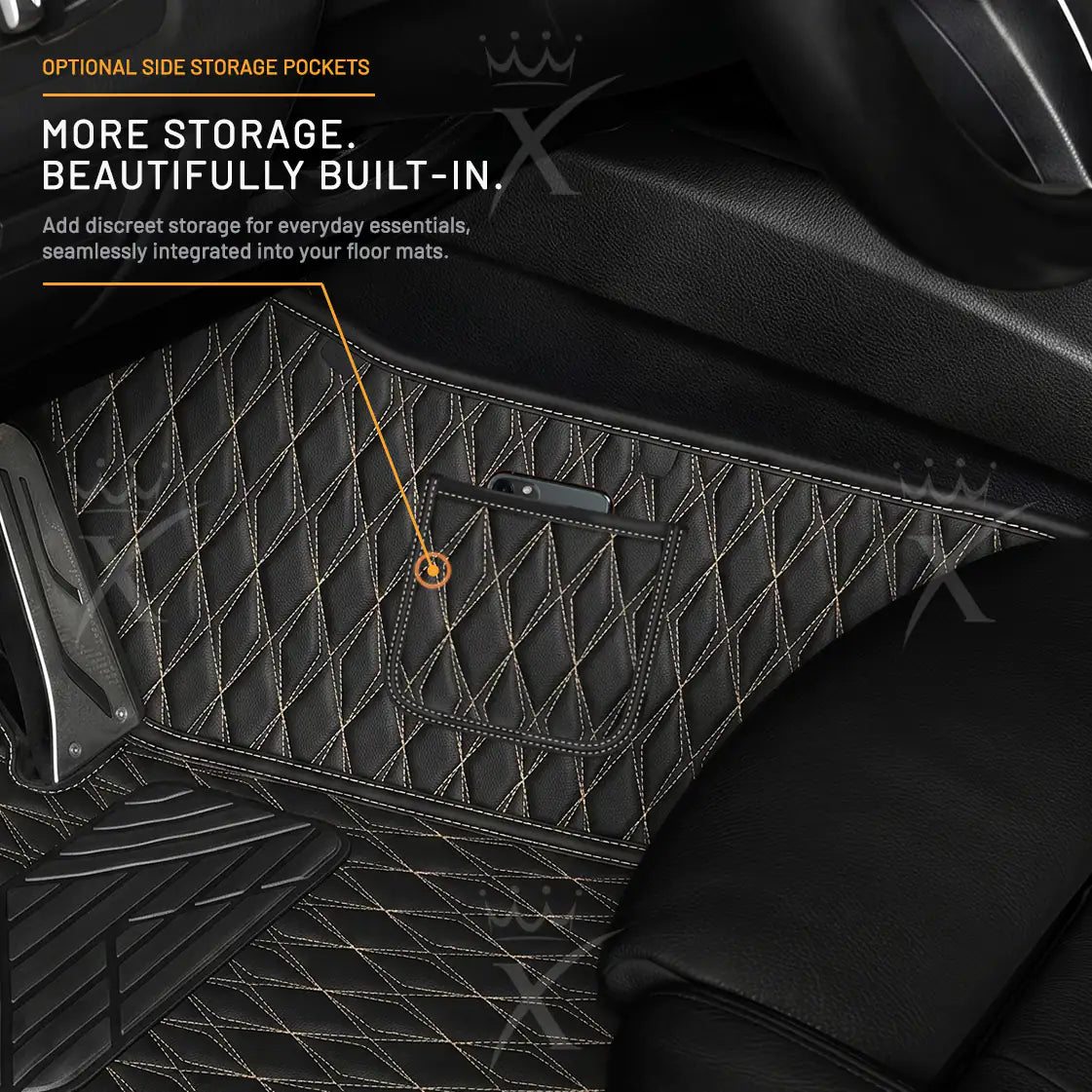 Luxus Twin-Diamond Double Layer Series Floor Mats | Black & Beige Stitching & Obsidian Black Top Carpet