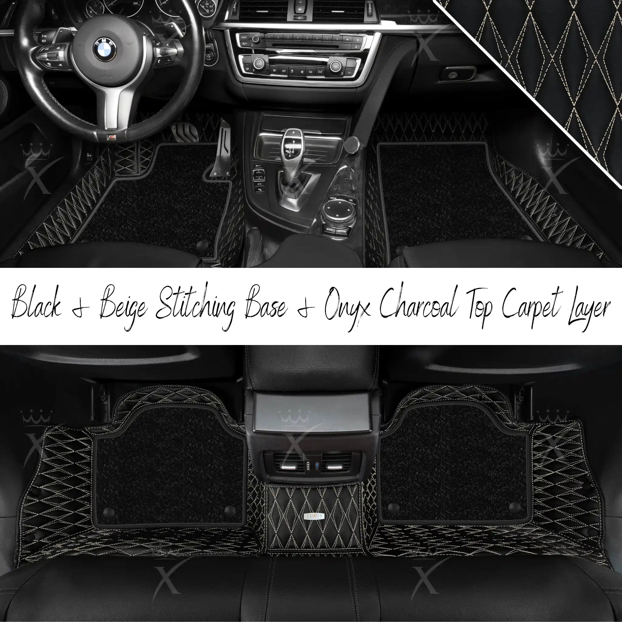 Black & Beige Stitching Twin Diamond & Onyx Charcoal Carpet | Double Layer Luxury Car Mats Set